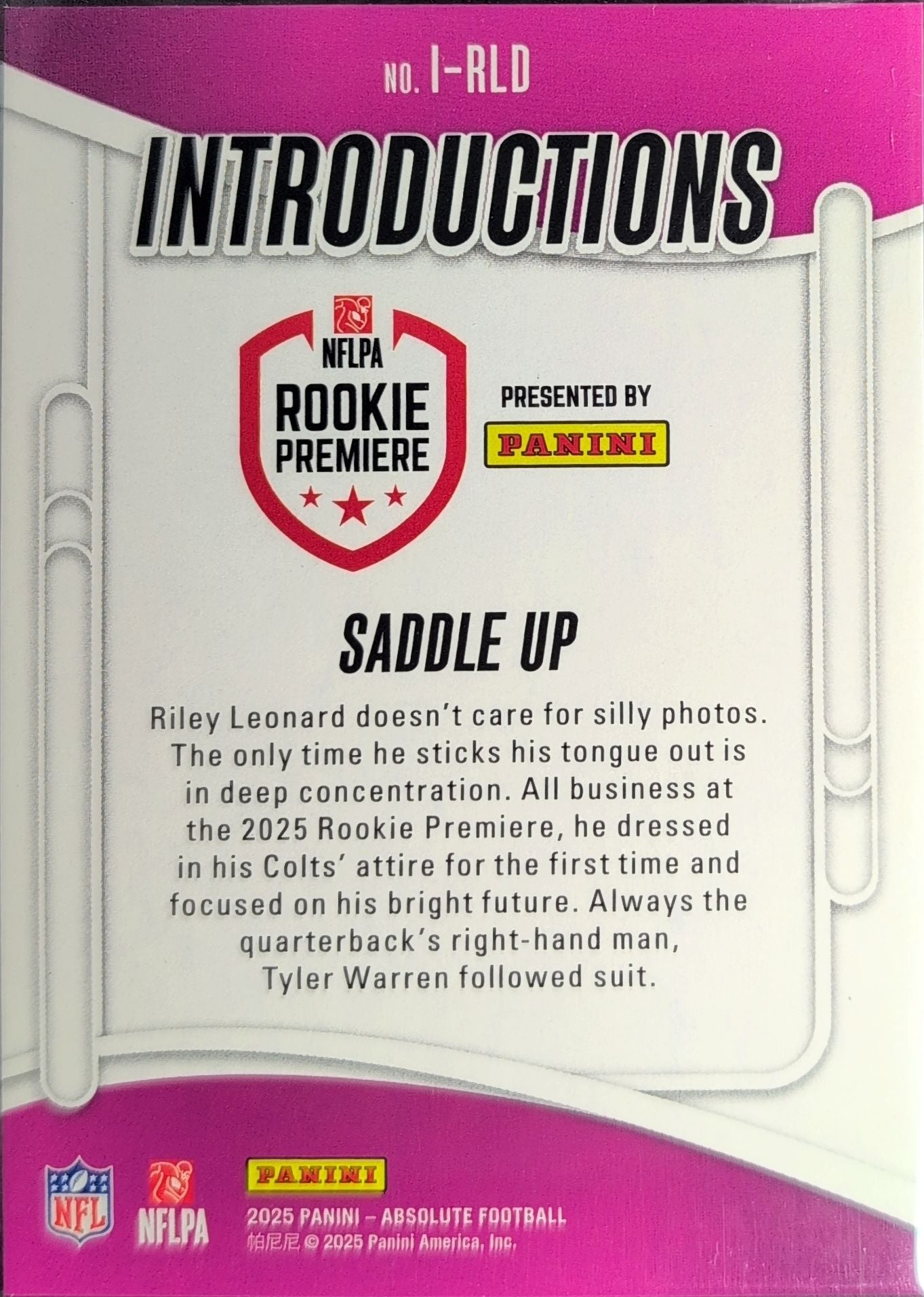 2025 Panini Absolute Saddle Up #I-RLD Introductions Indianapolis Colts back