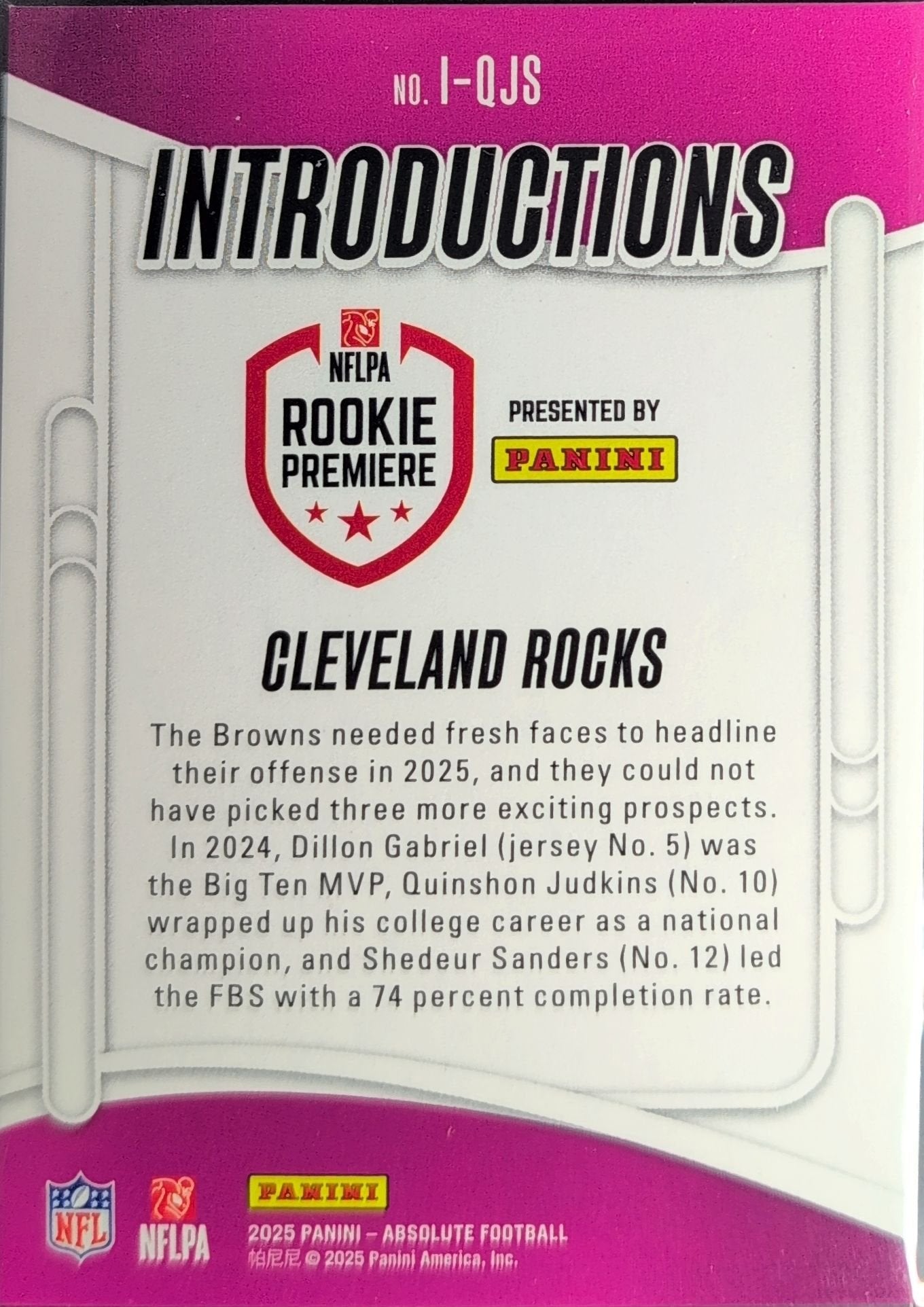 Cleveland Rocks 2025 Panini Absolute #I-QJS Introductions Cleveland Browns - back image