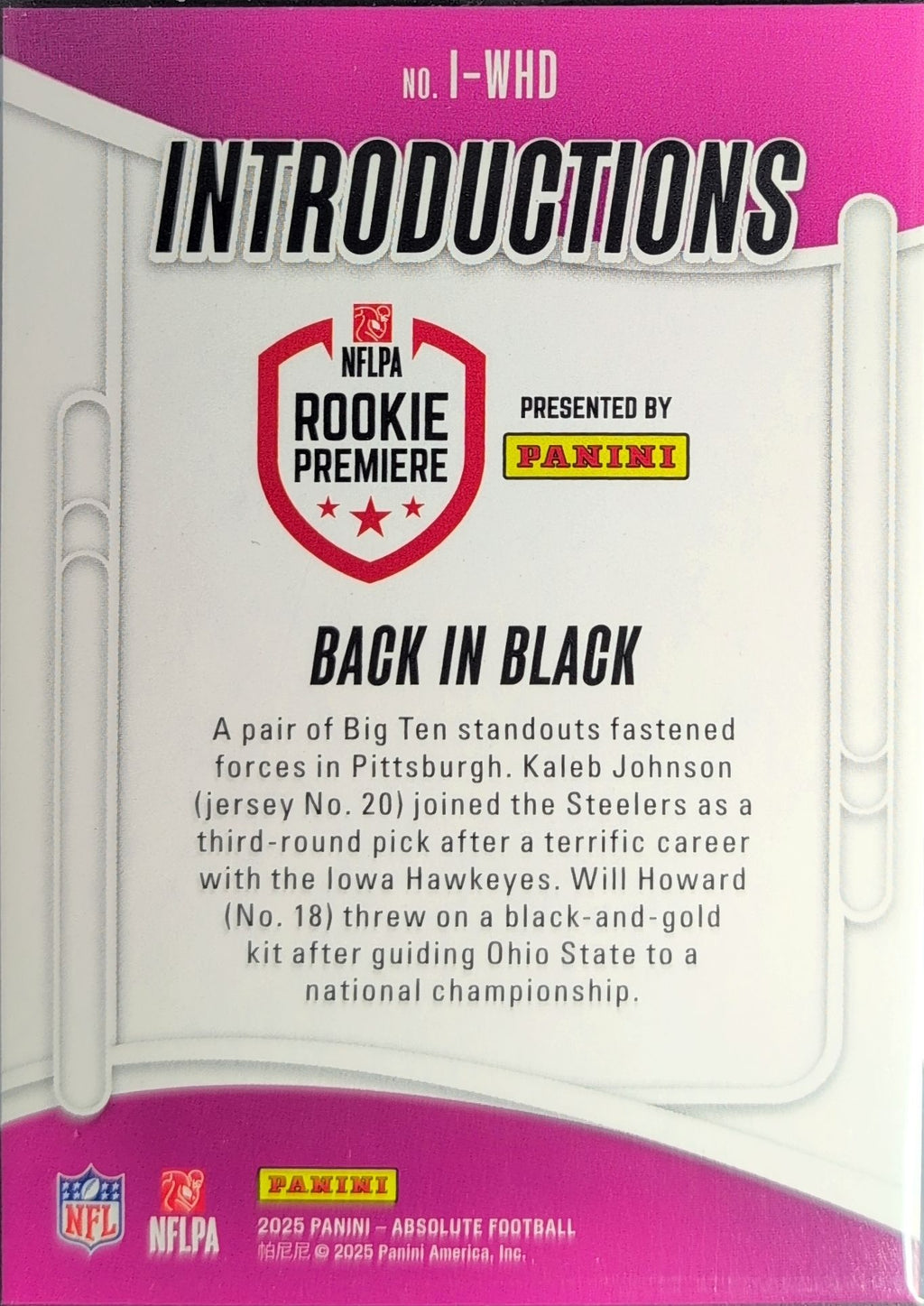 2025 Panini Absolute Back In Black #I-WHD Introductions Pittsburgh Steelers back
