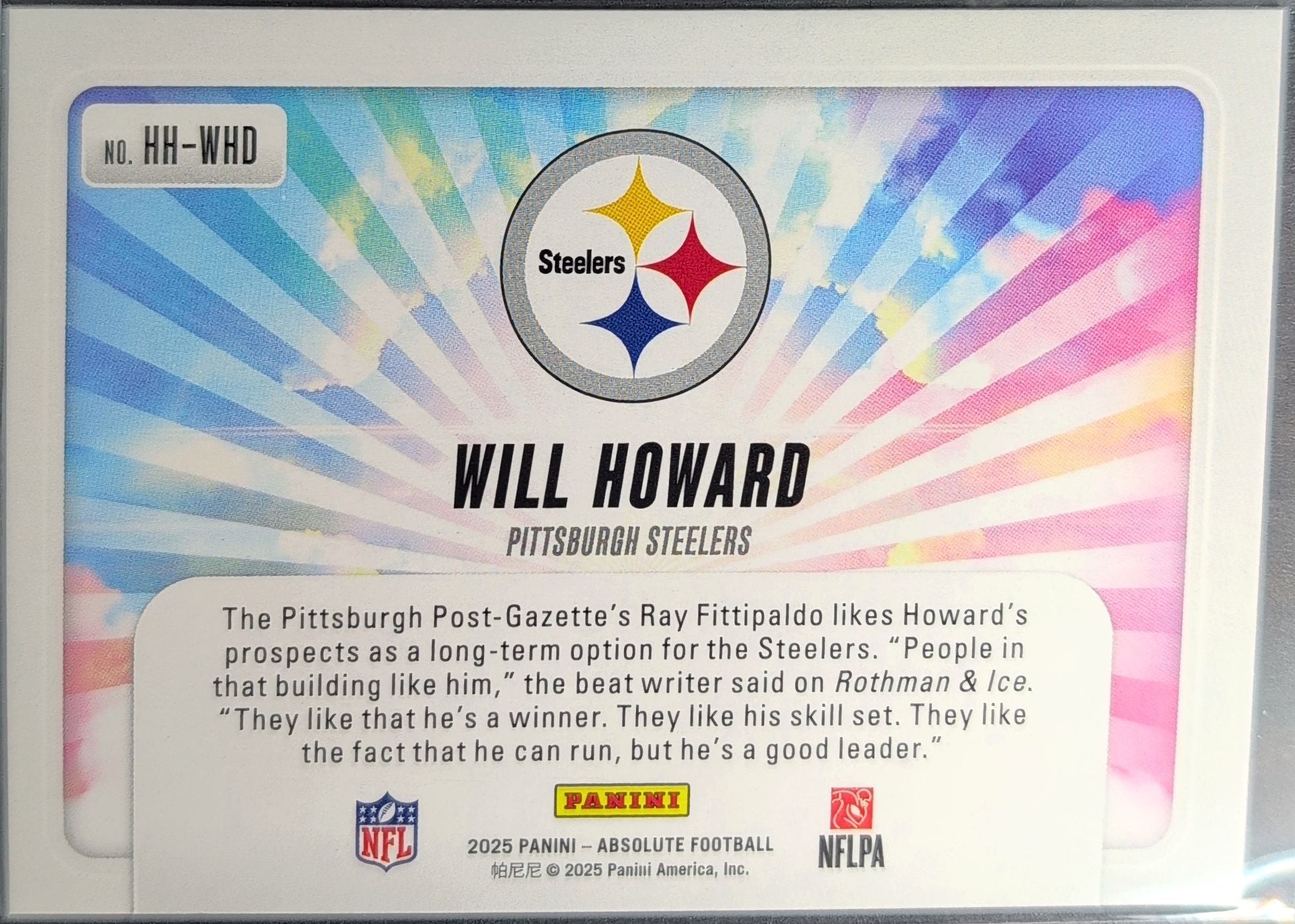 2025 Panini Absolute Will Howard #HH-WHD Hog Heaven Pittsburgh Steelers back
