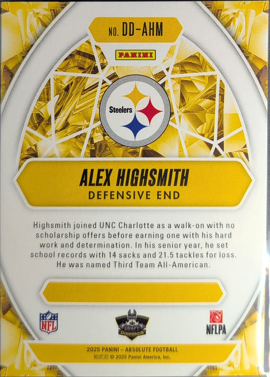 2025 Panini Absolute Alex Highsmith #DD-AHM Draft Diamonds Pittsburgh Steelers back