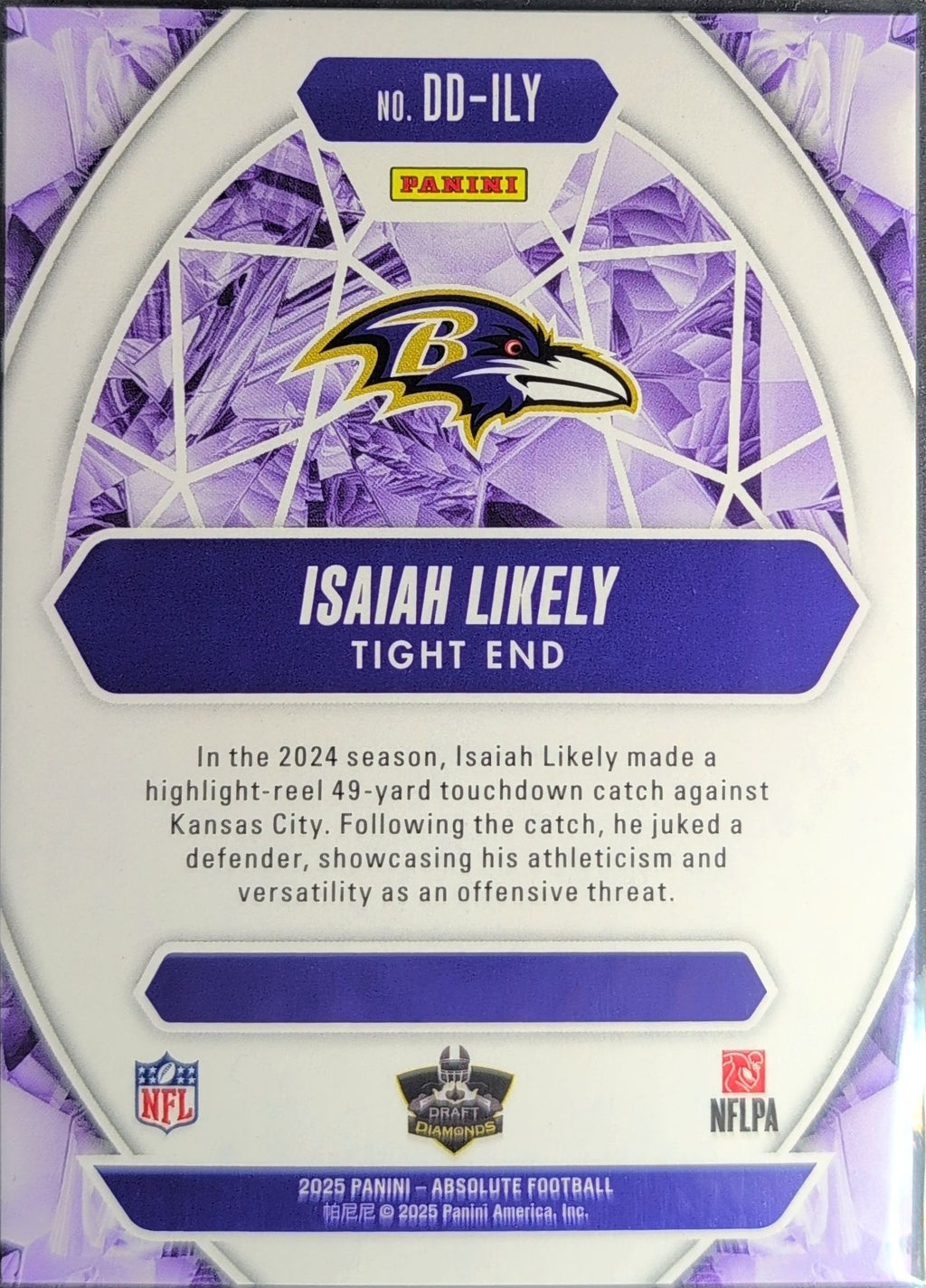 2025 Panini Absolute Isaiah Likely #DD-ILY Draft Diamonds Baltimore Ravens back