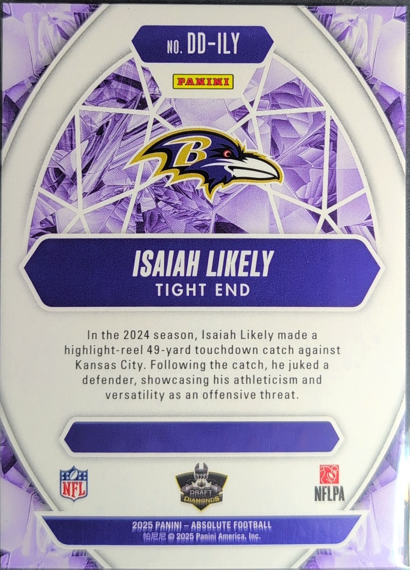 2025 Panini Absolute Isaiah Likely #DD-ILY Draft Diamonds Baltimore Ravens back