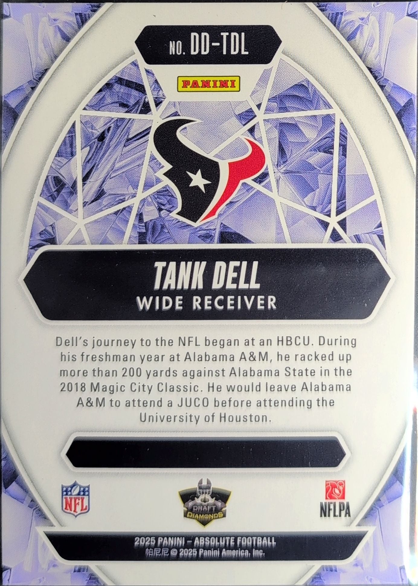 2025 Panini Absolute Tank Dell #DD-TDL Draft Diamonds Houston Texans back