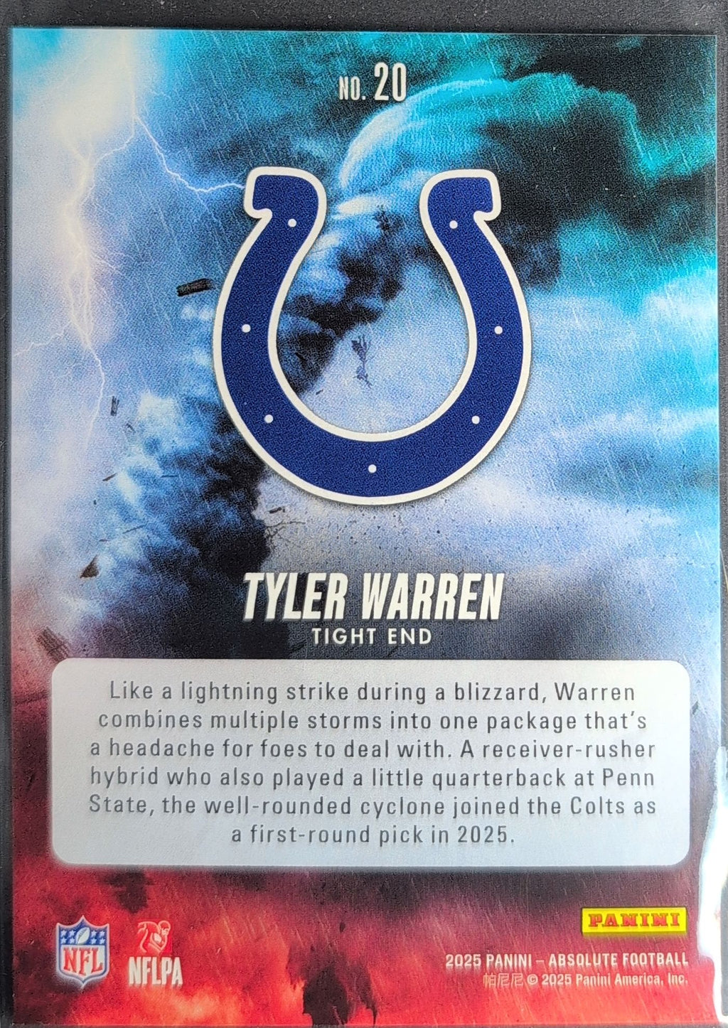 2025 Panini Absolute Tyler Warren #20 By Storm Indianapolis Colts back
