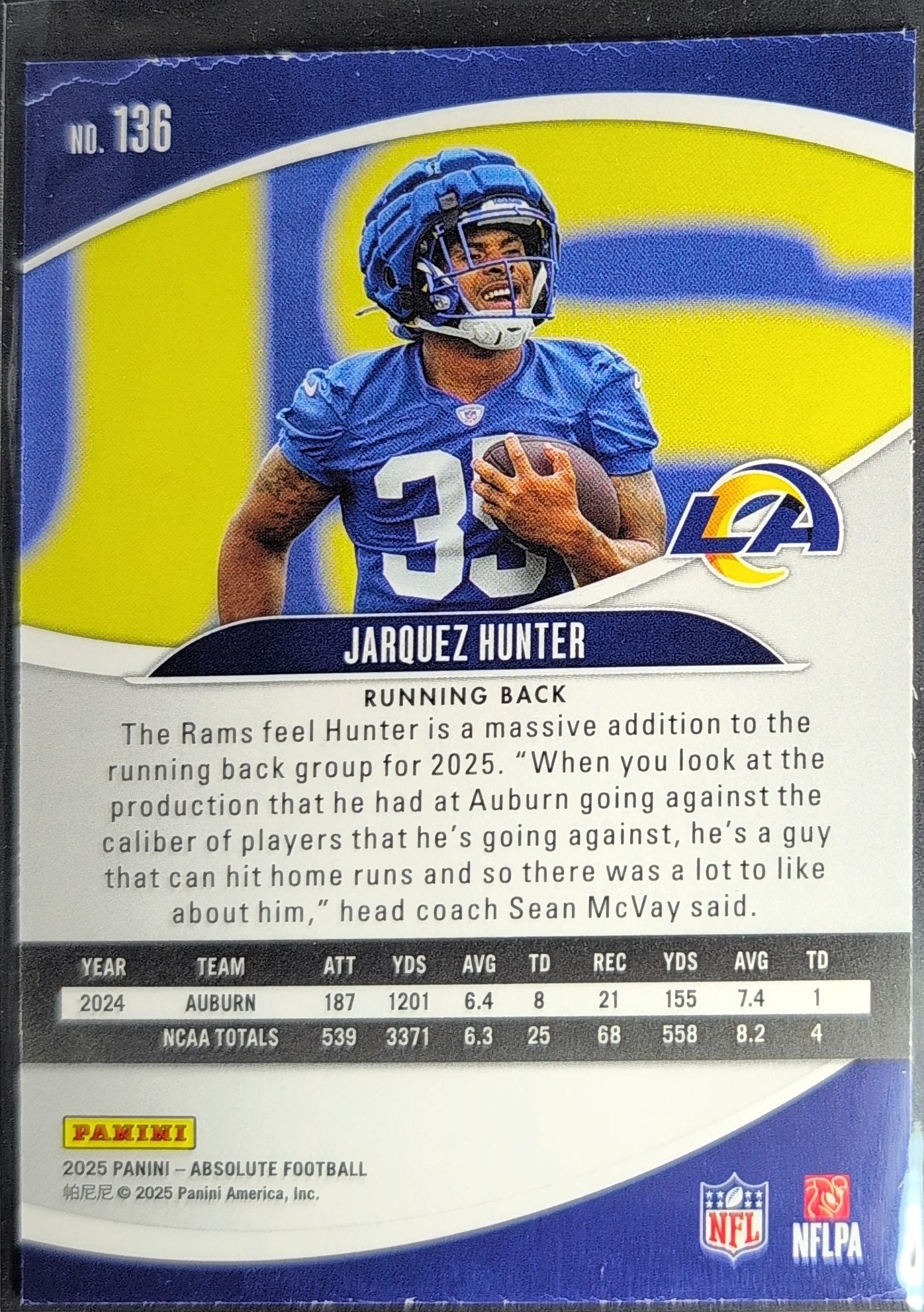 2025 Panini Absolute Jarquez Hunter #136 Green RC Los Angeles Rams back
