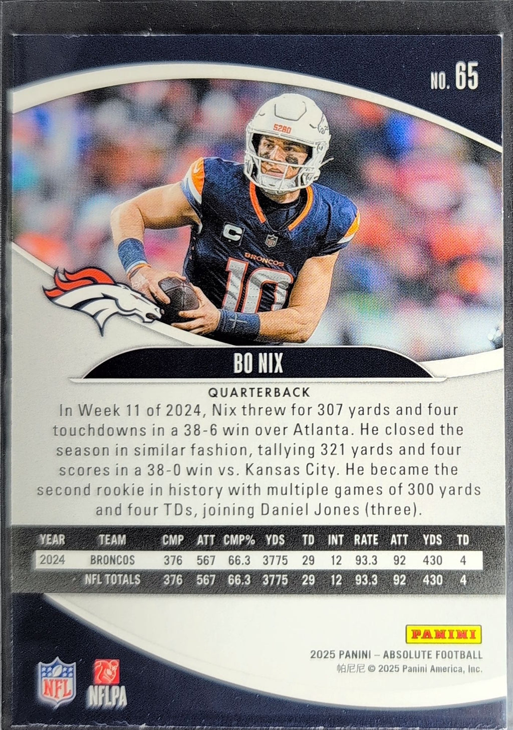 2025 Panini Absolute Bo Nix #65 Purple Denver Broncos back