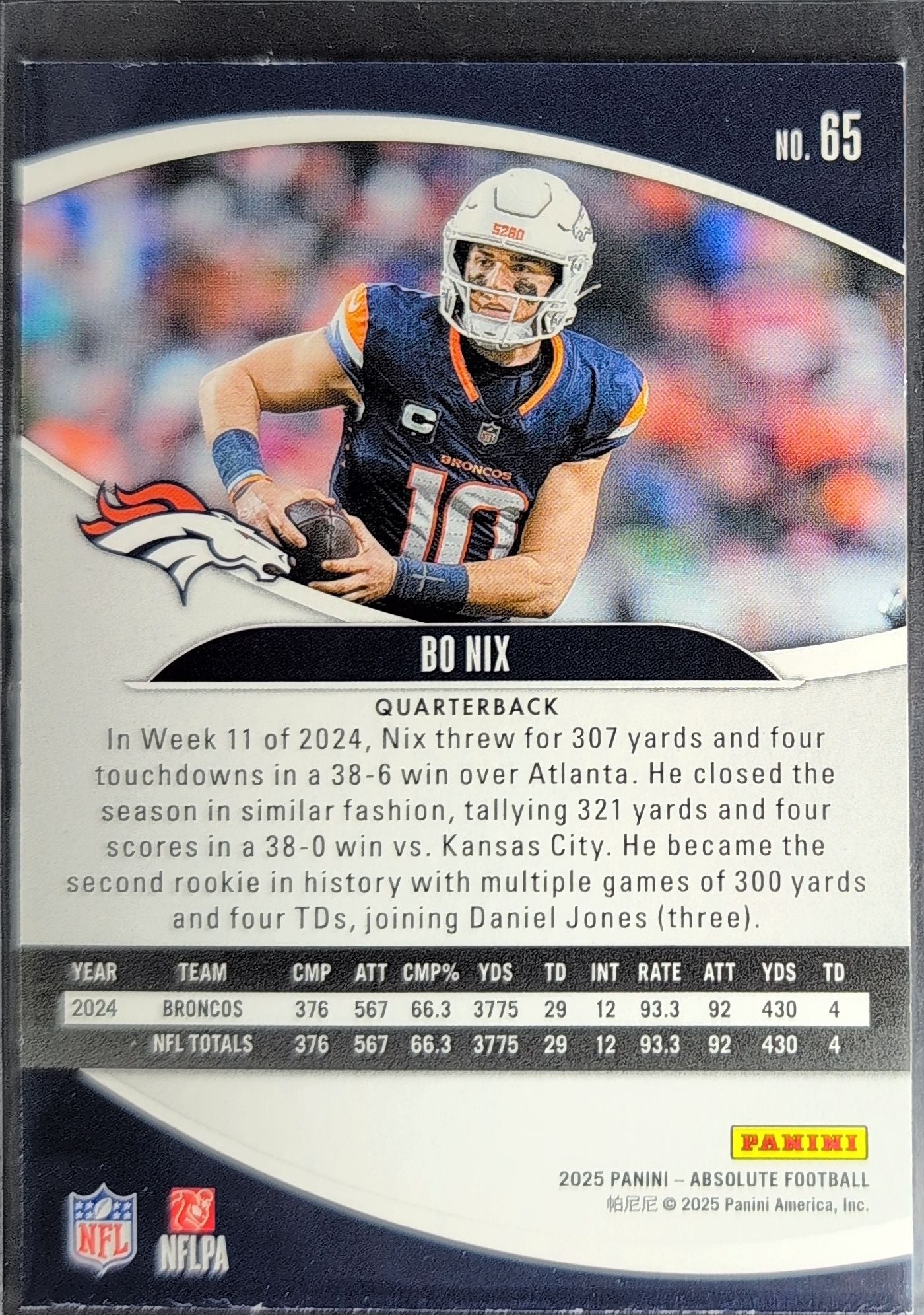 2025 Panini Absolute Bo Nix #65 Purple Denver Broncos back