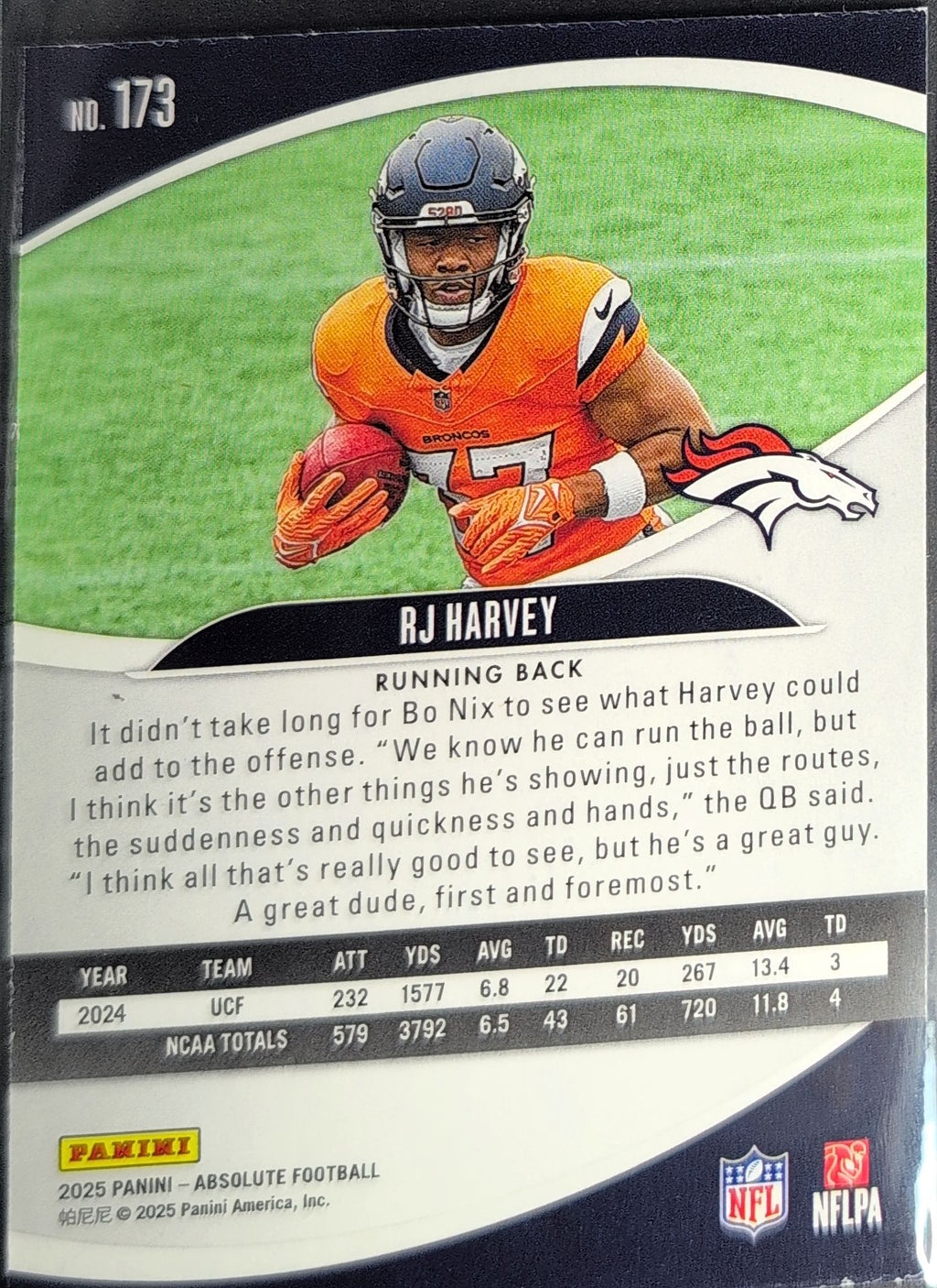2025 Panini Absolute RJ Harvey #173 Purple RC Denver Broncos back