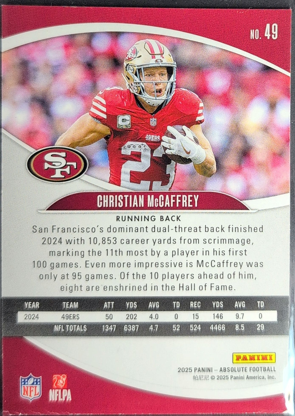 2025 Panini Absolute Christian McCaffrey #49 Purple San Francisco 49ers back