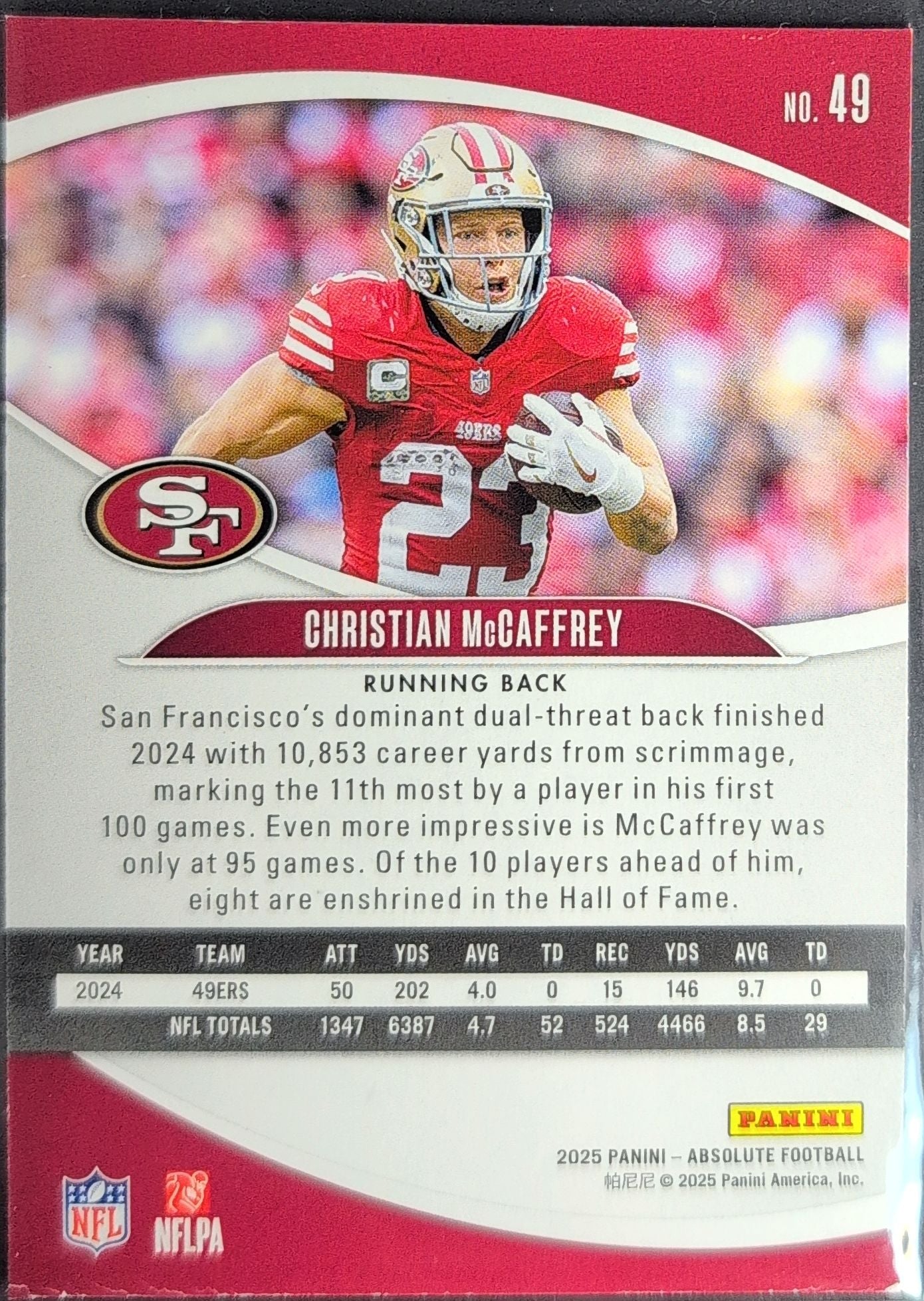 2025 Panini Absolute Christian McCaffrey #49 Purple San Francisco 49ers back