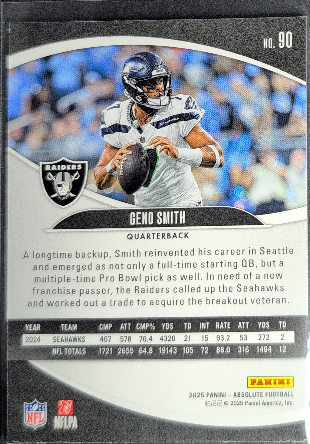 2025 Panini Absolute Geno Smith #90 Purple Las Vegas Raiders back