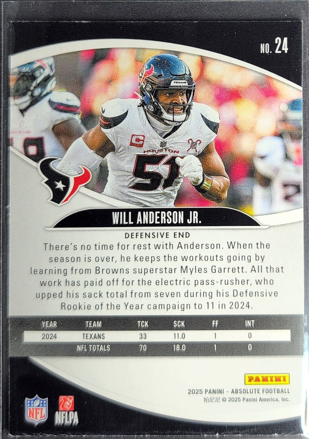 2025 Panini Absolute Will Anderson Jr. #24 Purple Houston Texans back
