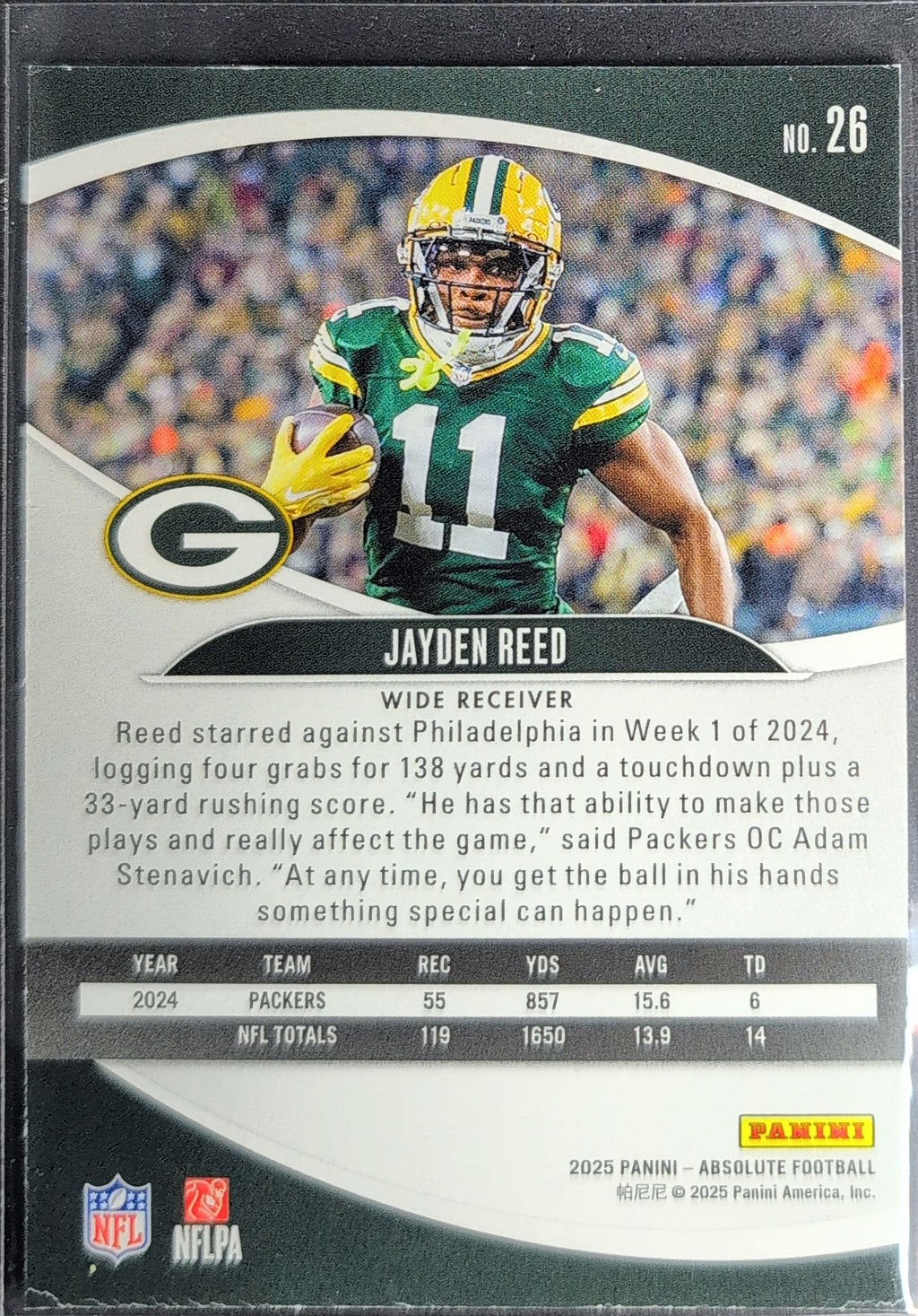 2025 Panini Absolute Jayden Reed #26 Purple Green Bay Packers back