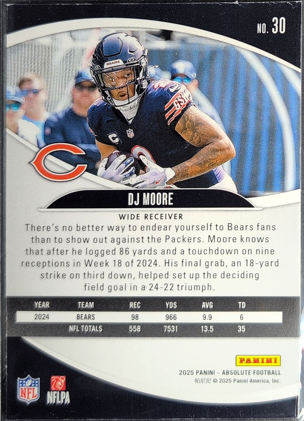 2025 Panini Absolute DJ Moore #30 Purple Chicago Bears back