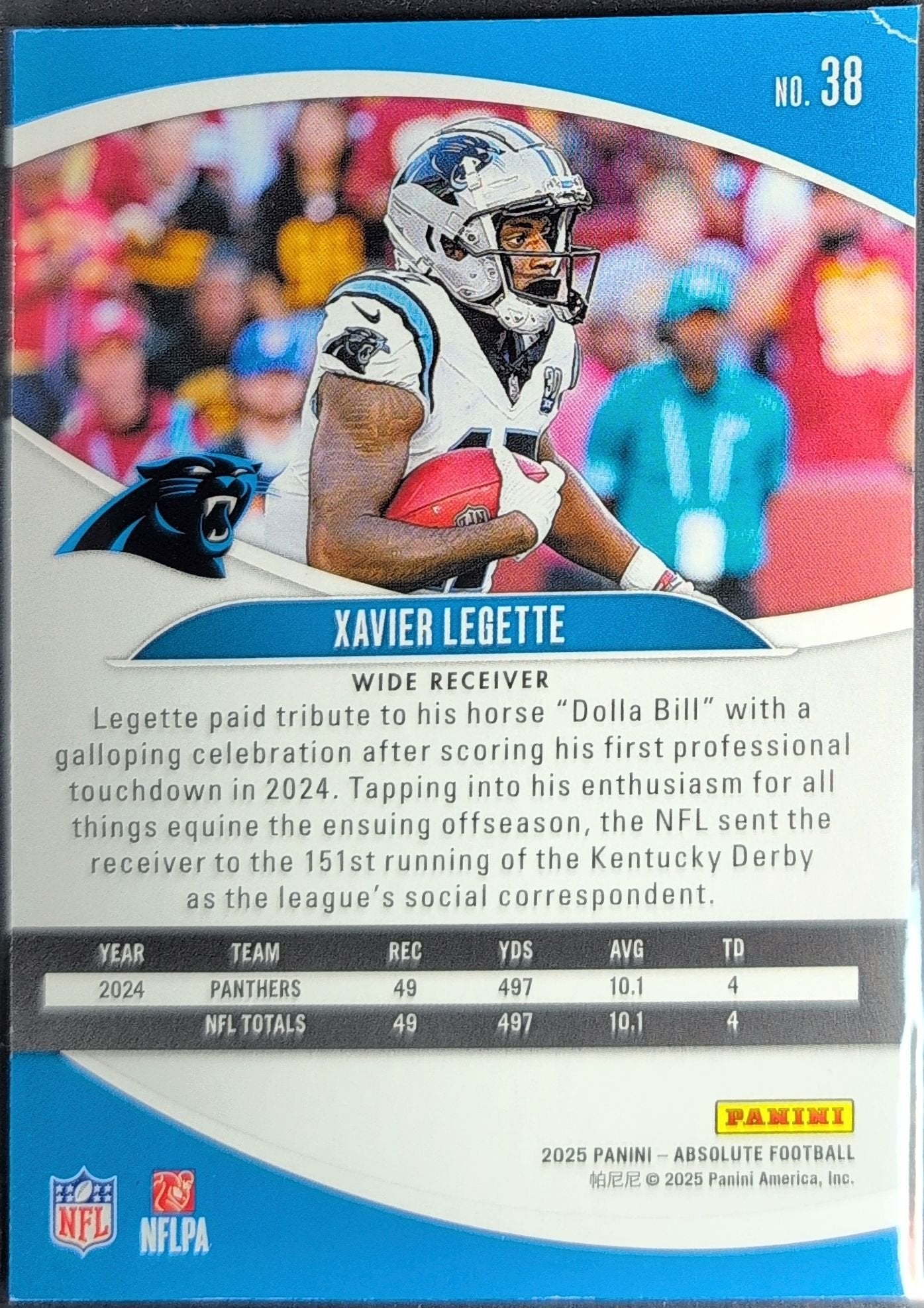 Xavier Legette 2025 Panini Absolute #38 Purple Carolina Panthers - back image