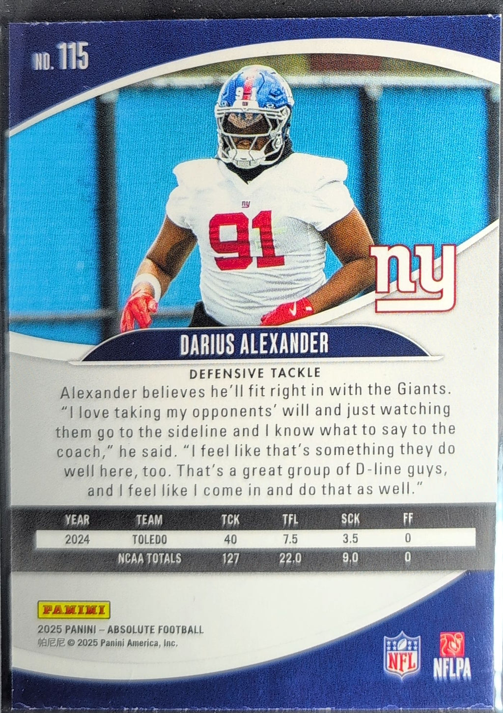2025 Panini Absolute Darius Alexander #115 Purple RC New York Giants back