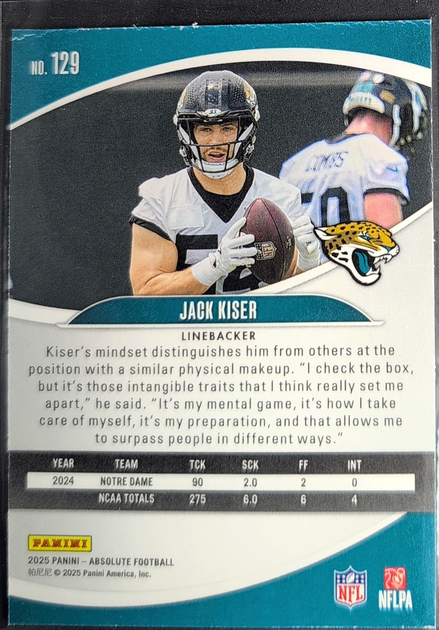 Jack Kiser 2025 Panini Absolute #129 Green Rookie RC Jacksonville Jaguars - back image