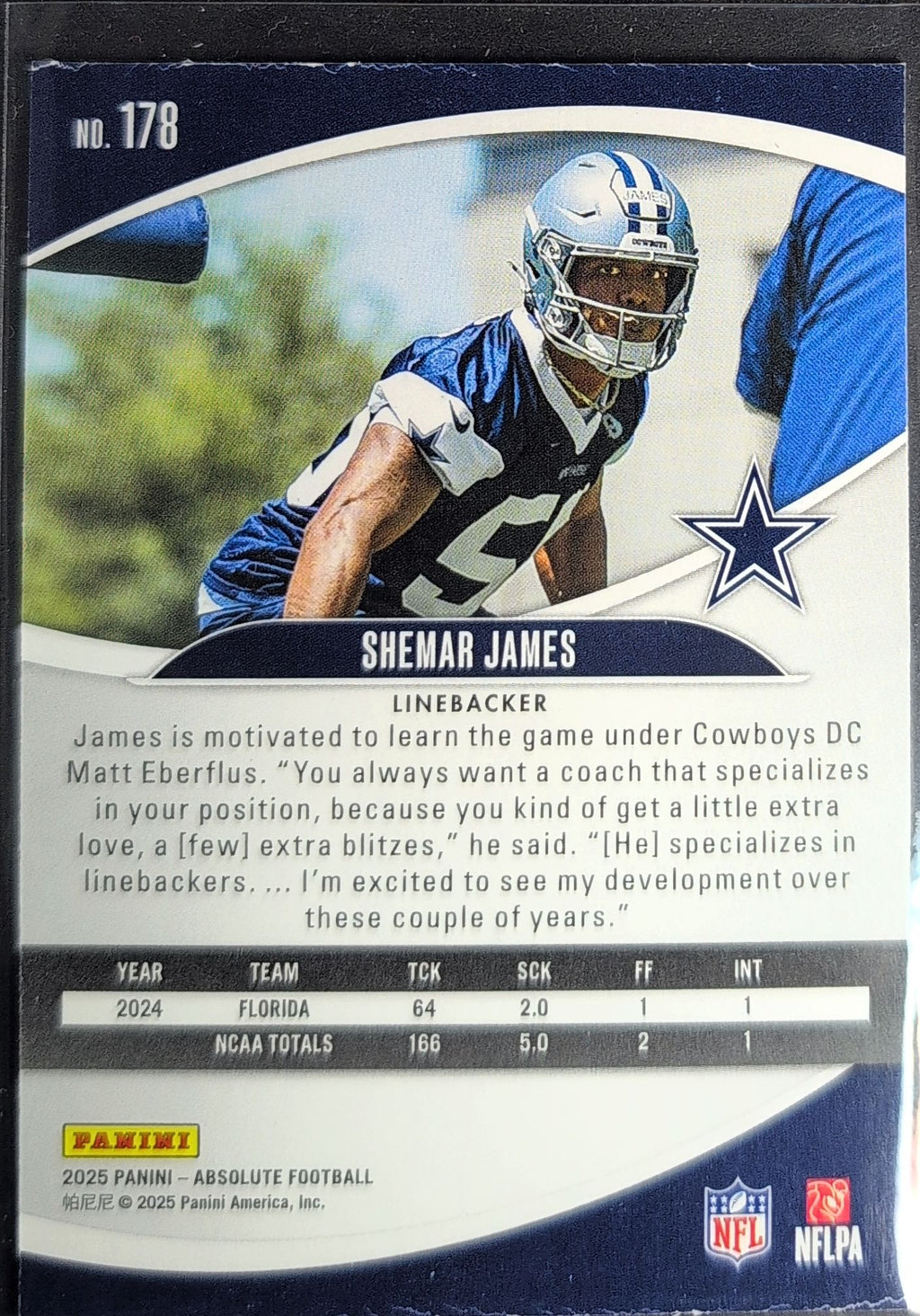 2025 Panini Absolute Shemar James #178 Green RC Dallas Cowboys back