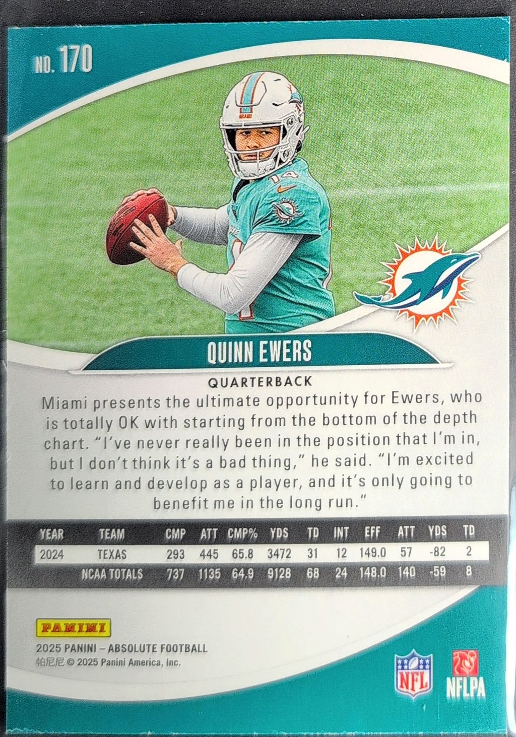 Quinn Ewers 2025 Panini Absolute #170 Purple Rookie RC Miami Dolphins - back image