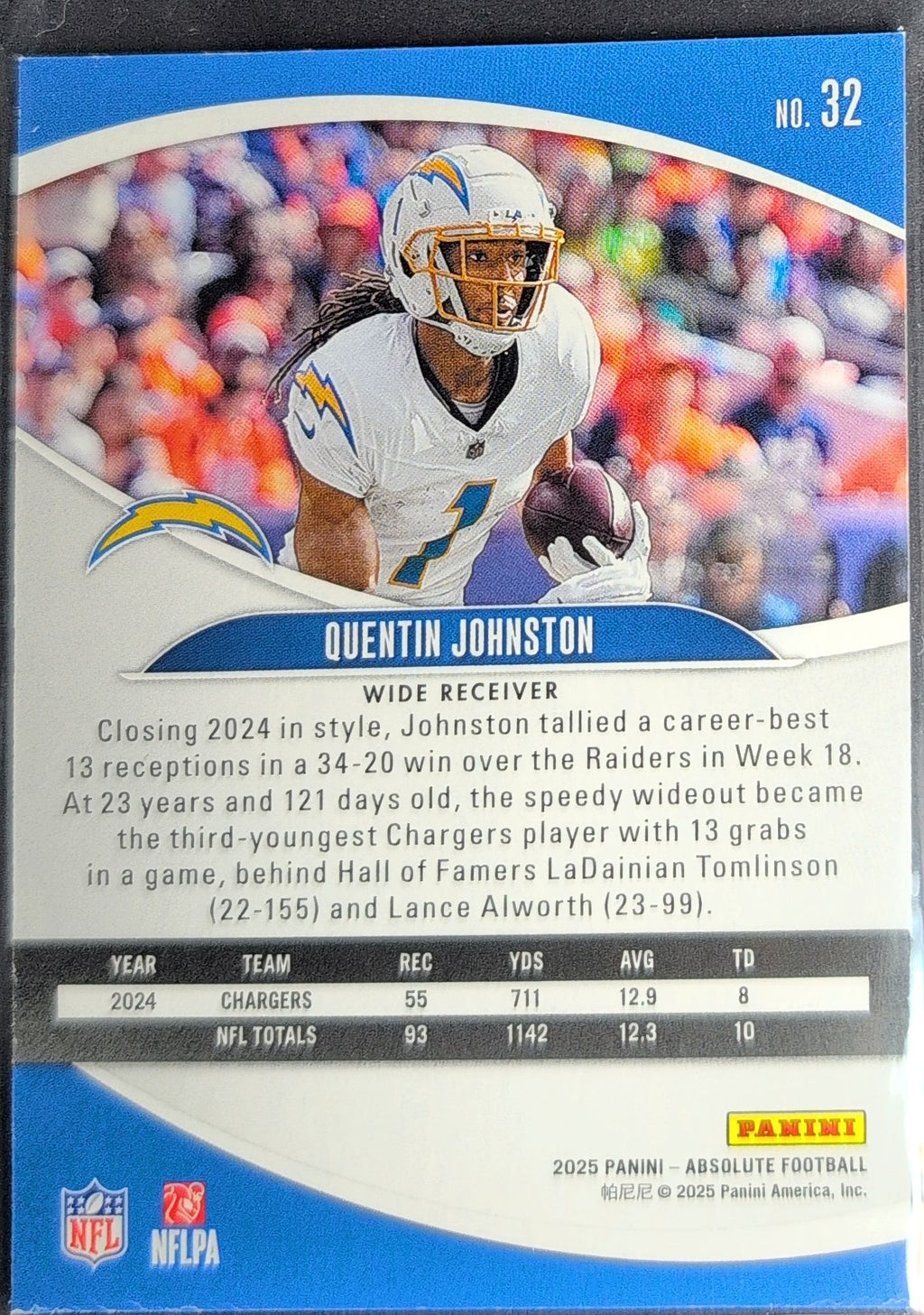 2025 Panini Absolute Quentin Johnston #32 Purple Los Angeles Chargers back