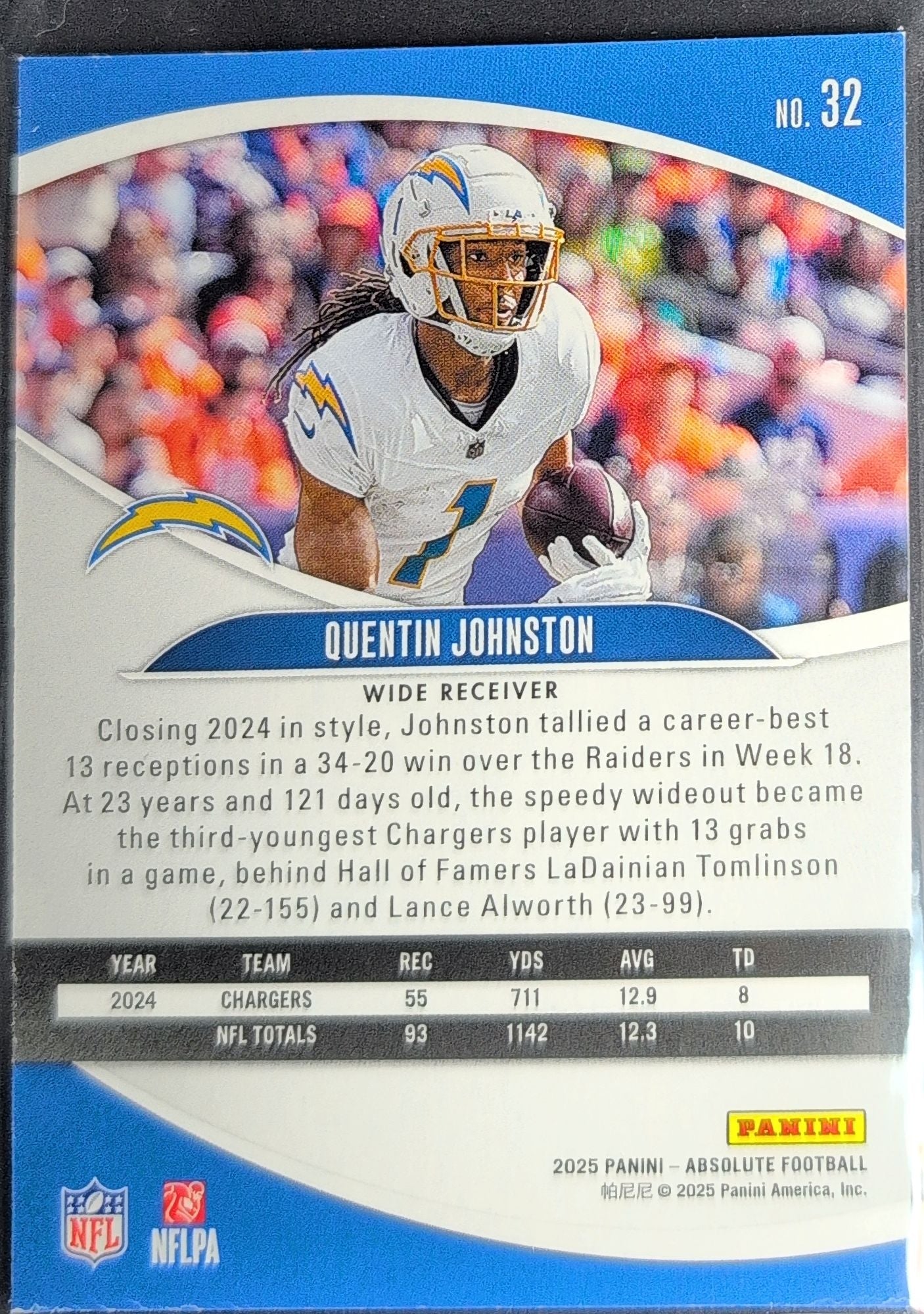 2025 Panini Absolute Quentin Johnston #32 Purple Los Angeles Chargers back