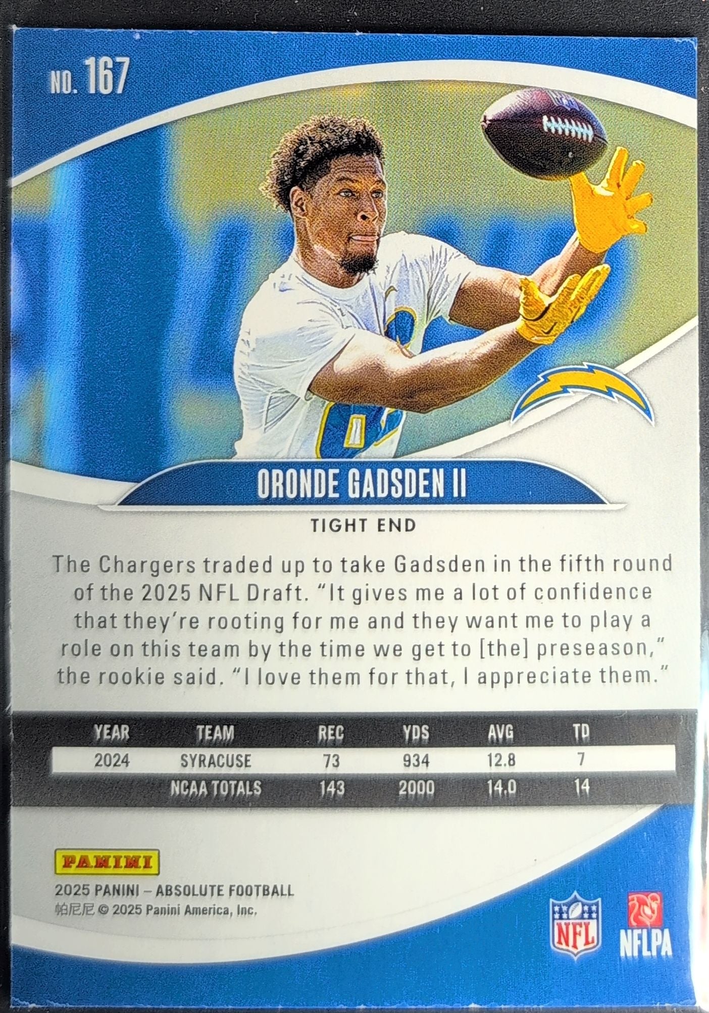 2025 Panini Absolute Oronde Gadsden II #167 Purple RC Los Angeles Chargers back