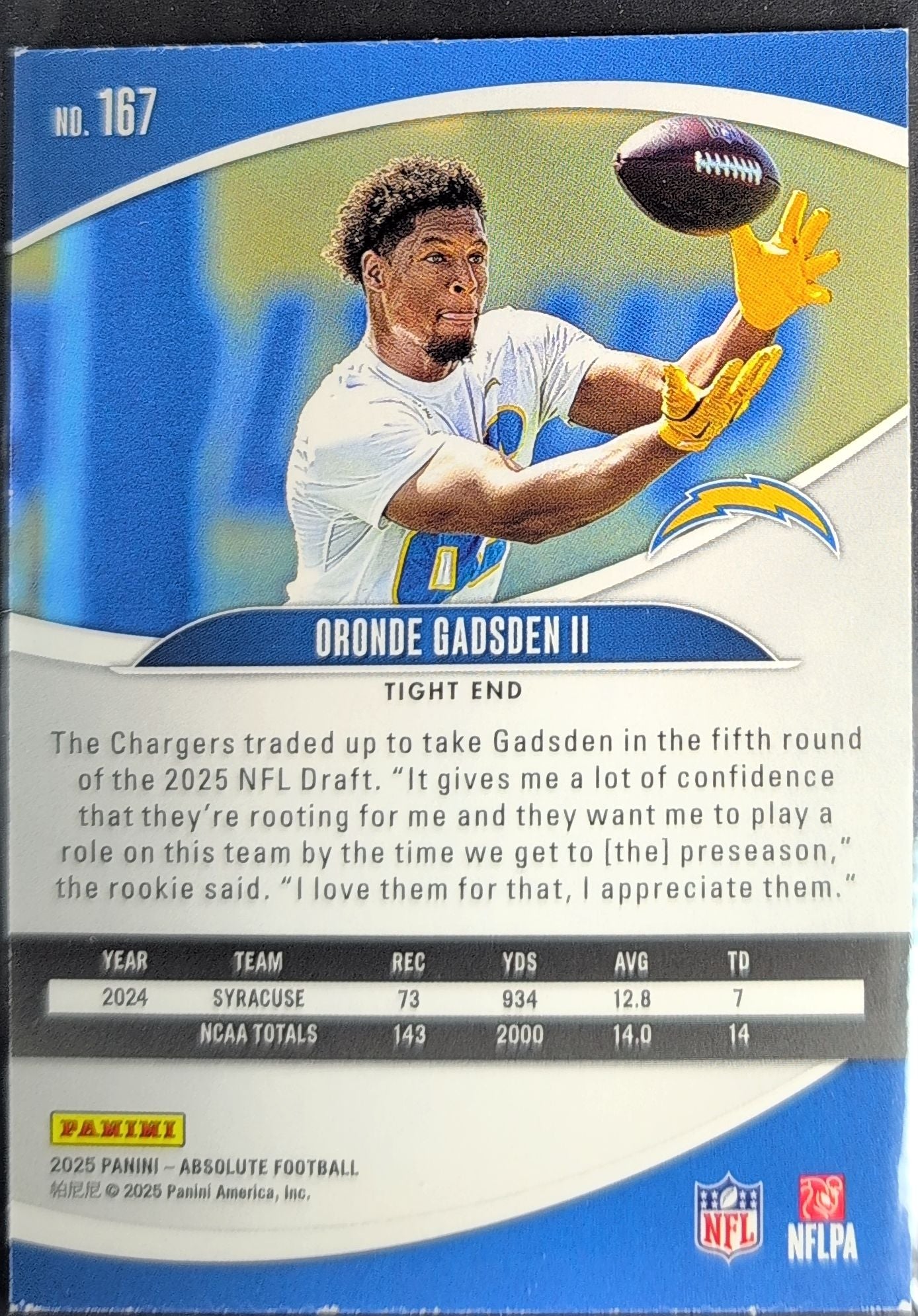 2025 Panini Absolute Oronde Gadsden II #167 Green RC Los Angeles Chargers back