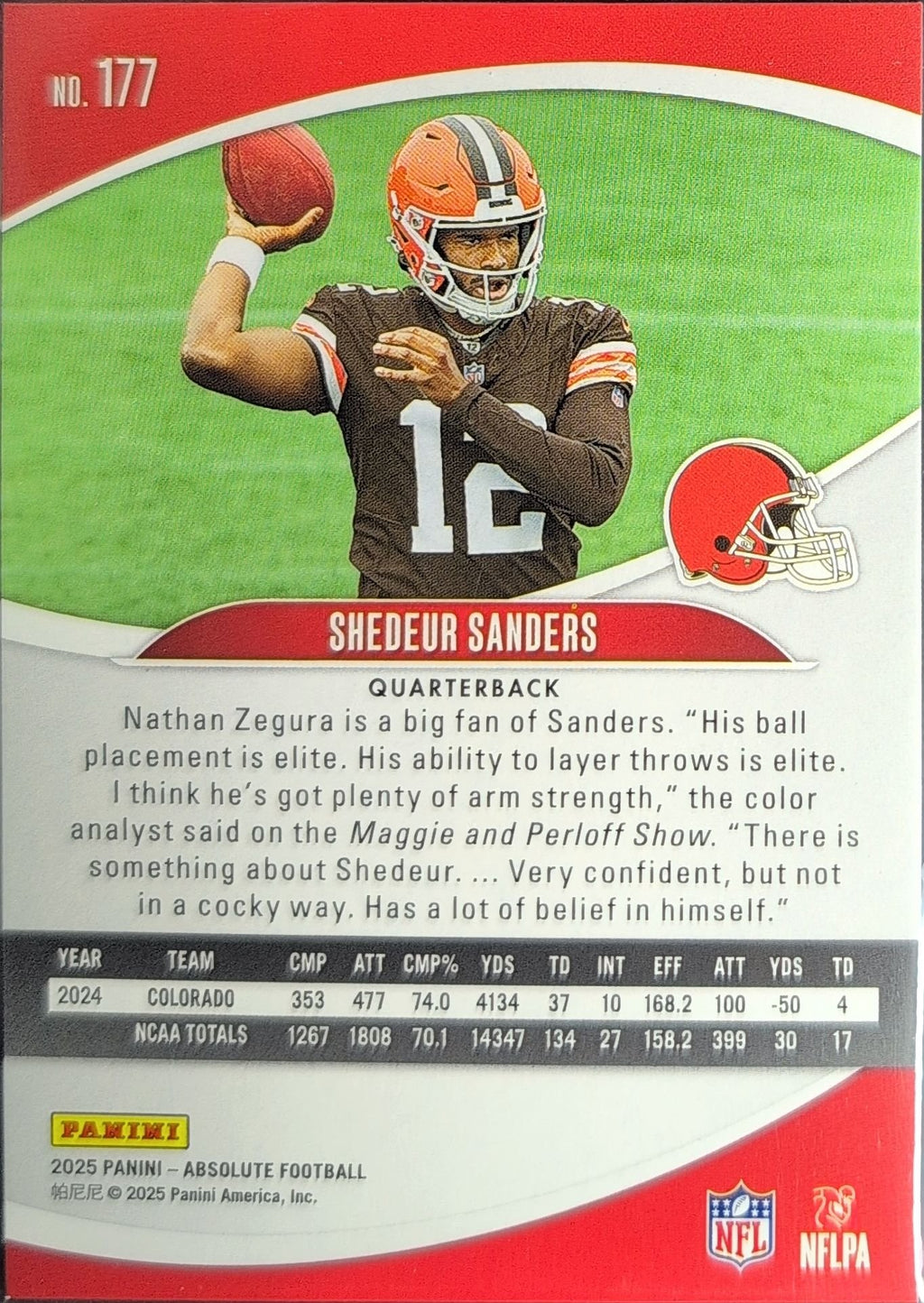 Shedeur Sanders 2025 Panini Absolute #177 Black Rookie RC Cleveland Browns - back image