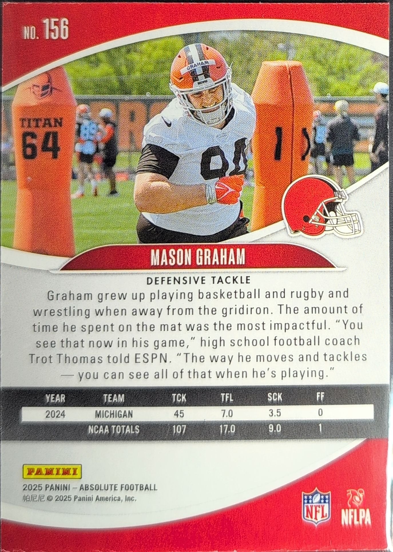 Mason Graham 2025 Panini Absolute #156 Black Rookie RC Cleveland Browns - back image