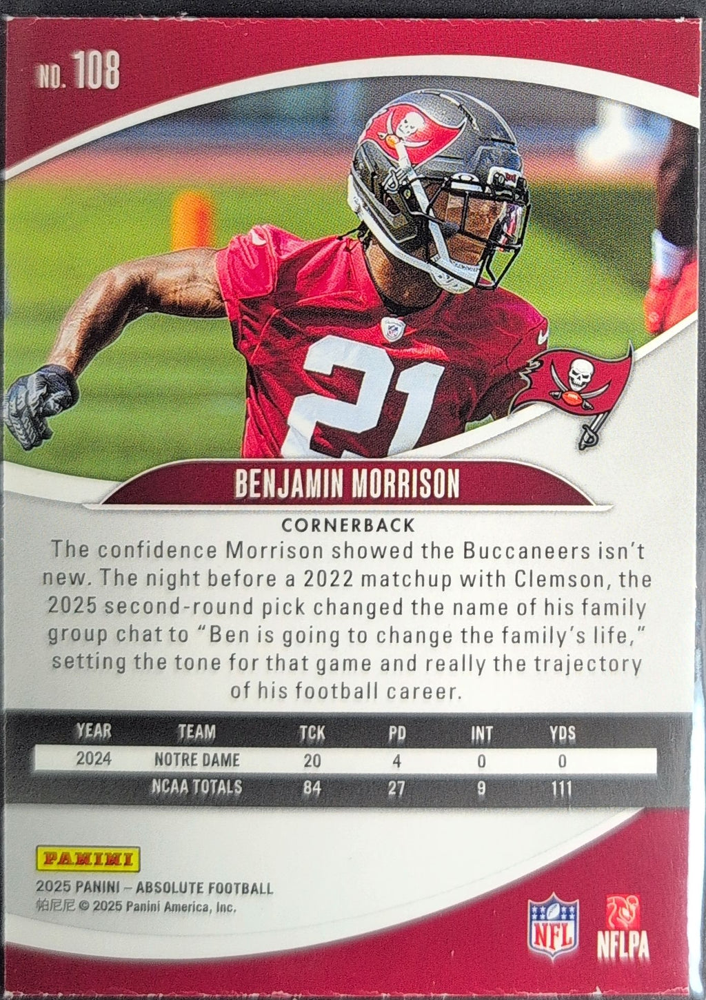 2025 Panini Absolute Benjamin Morrison #108 Green RC Tampa Bay Buccaneers back