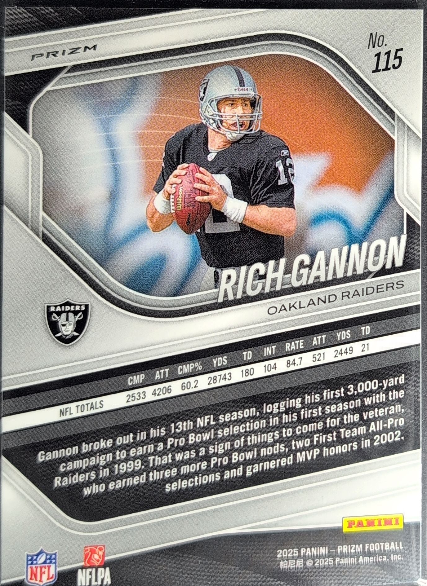 2025 Panini Prizm Rich Gannon #115 Silver Oakland Raiders back