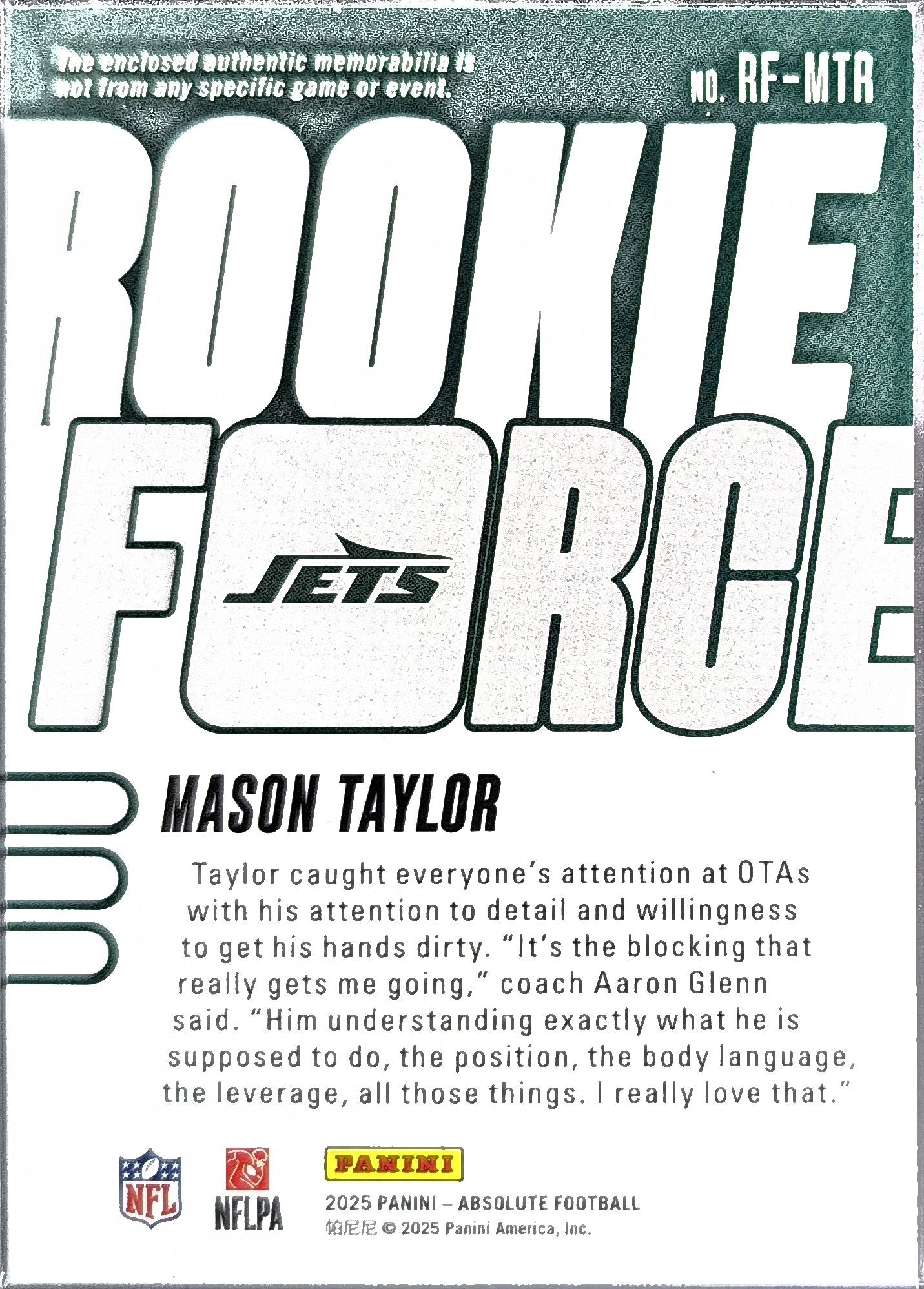 2025 Panini Absolute Mason Taylor #RF-MTR Rookie Force MEM New York Jets back