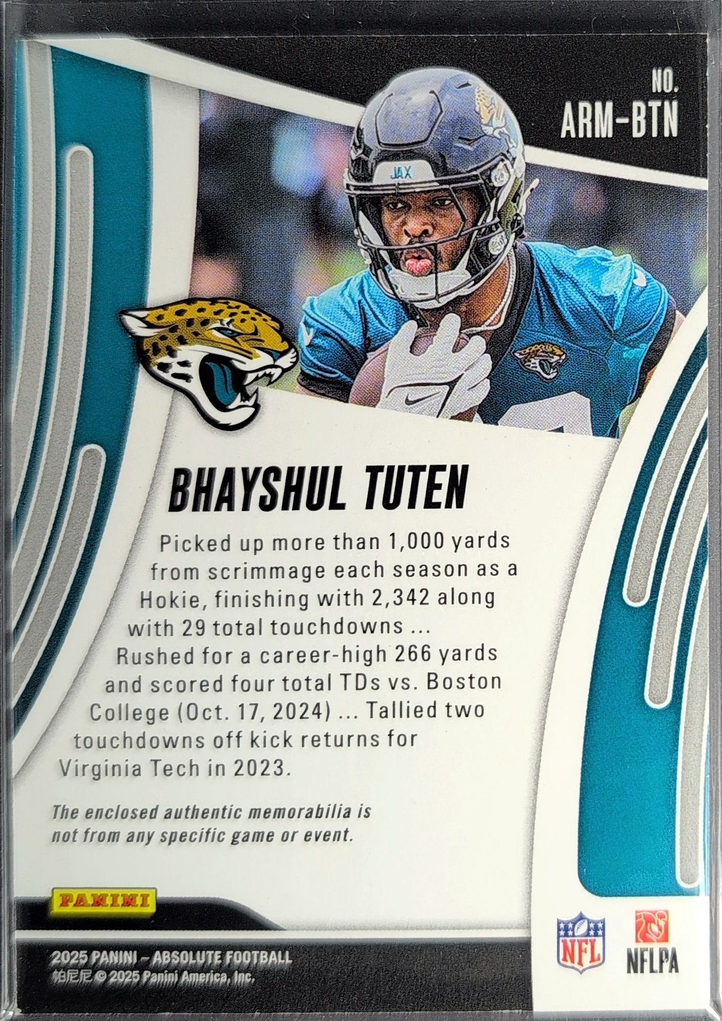 Bhayshul Tuten 2025 Panini Absolute #ARM-BTN Absolute Rookie Materials Jacksonville Jaguars - back image