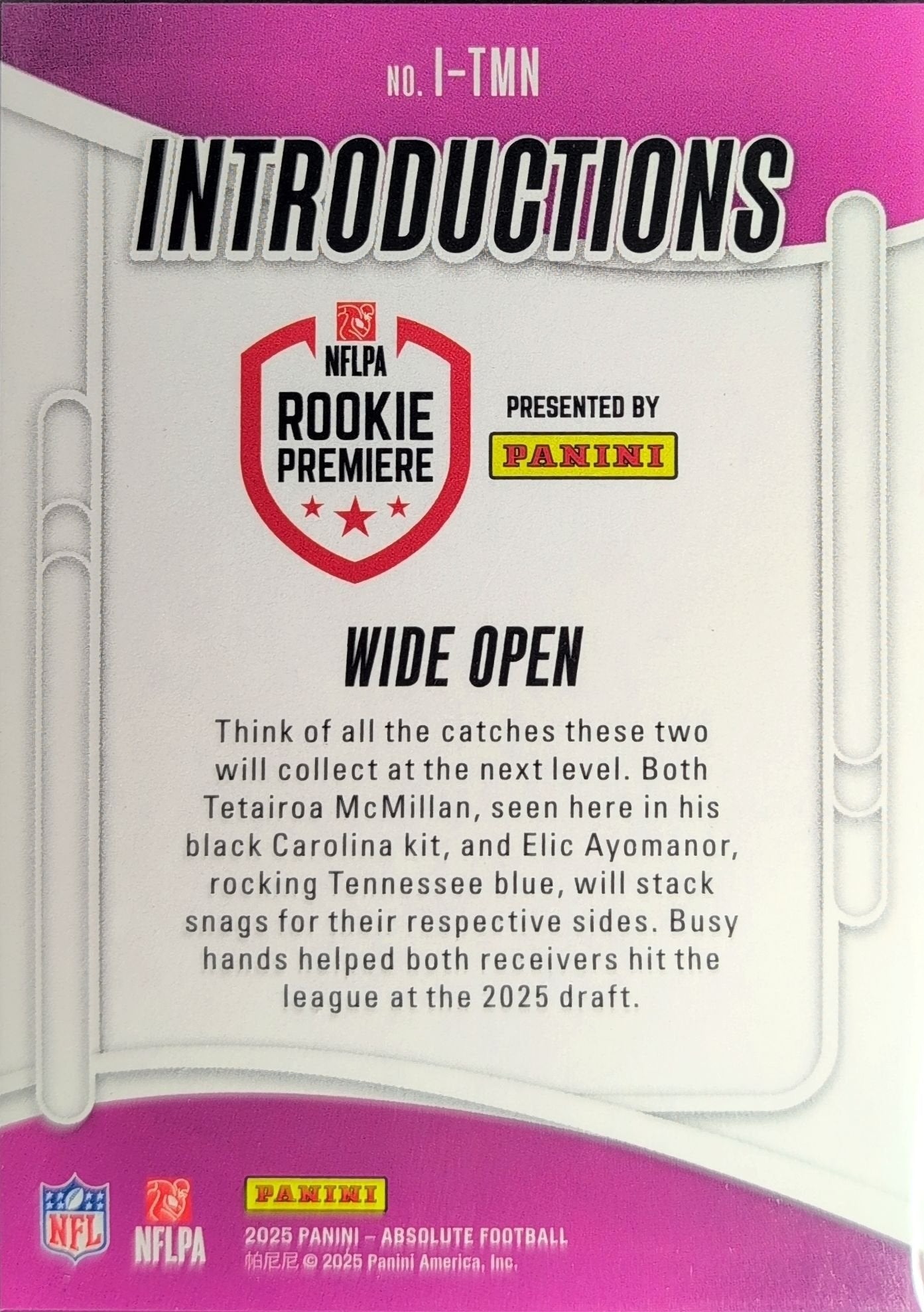 Wide Open 2025 Panini Absolute #I-TMN Introductions Carolina Panthers - back image