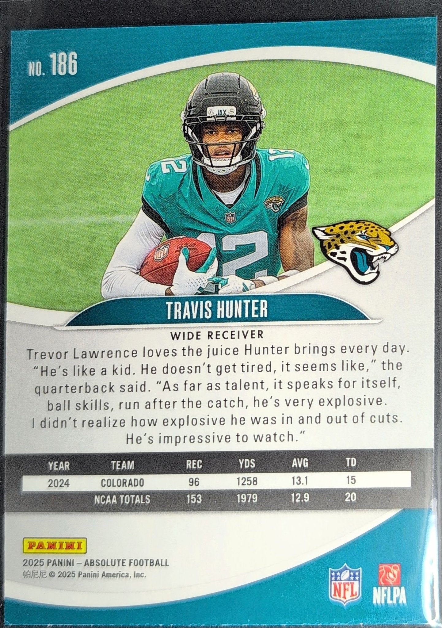 Travis Hunter 2025 Panini Absolute #186 Blue Rookie RC Jacksonville Jaguars - back image