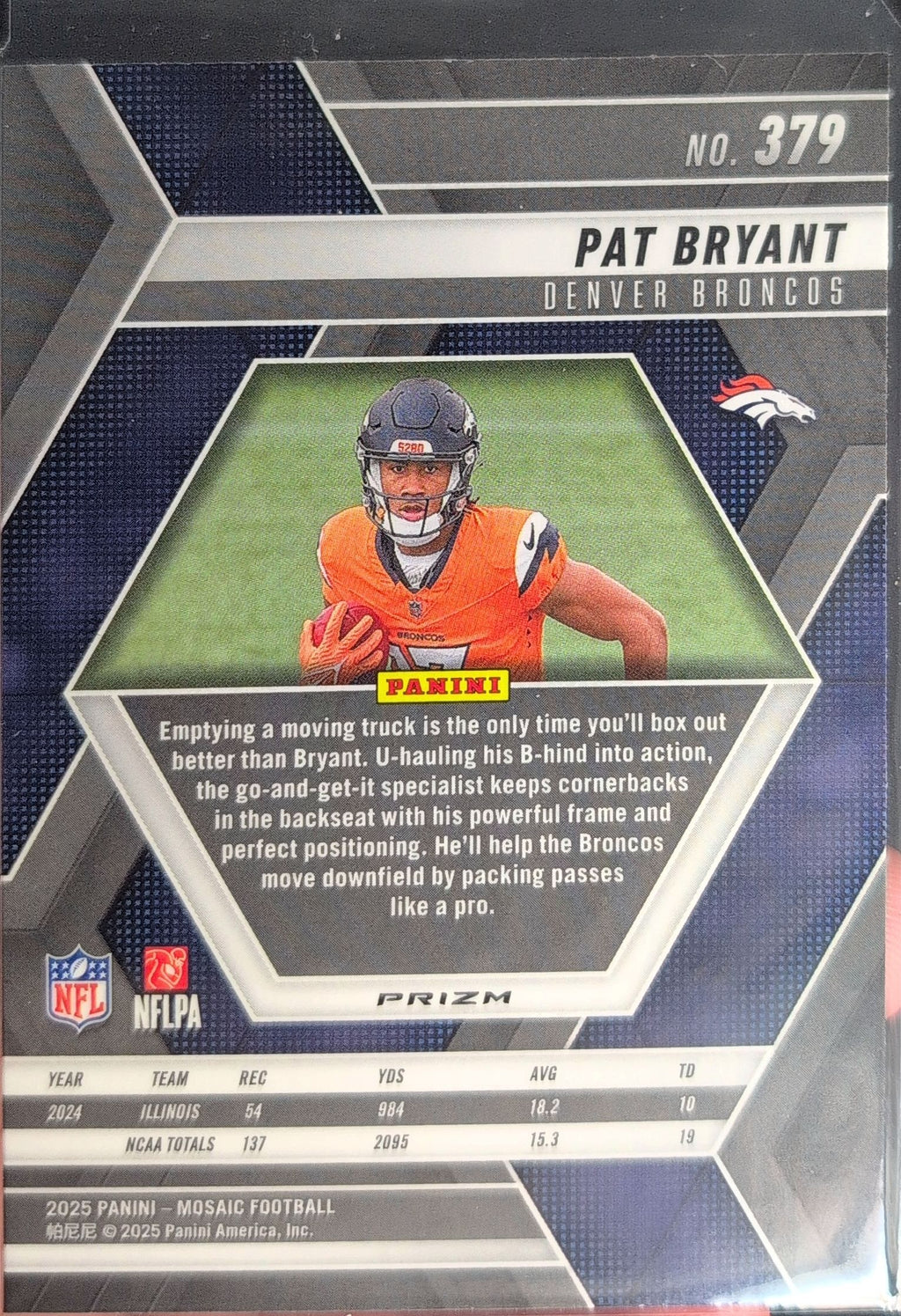 2025 Panini Mosaic Pat Bryant #379 Mosaic No Huddle Silver RC Denver Broncos back