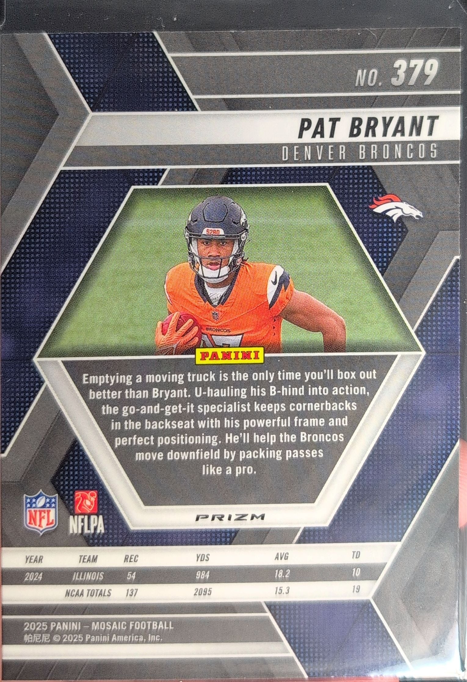 2025 Panini Mosaic Pat Bryant #379 Mosaic No Huddle Silver RC Denver Broncos back