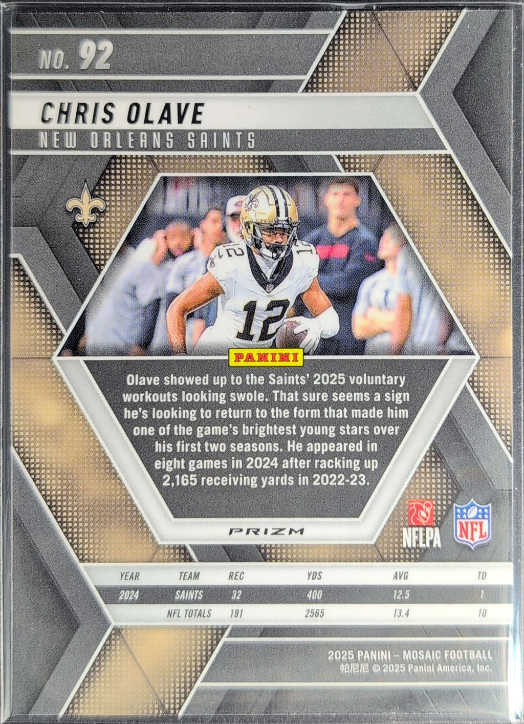 2025 Panini Mosaic Chris Olave #92 New Orleans Saints back