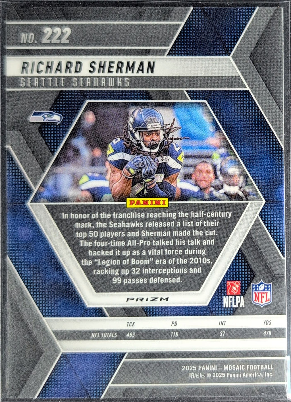 2025 Panini Mosaic Richard Sherman #222 Mosaic Reactive Yellow Seattle Seahawks back