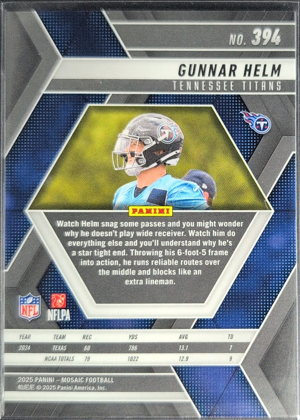 2025 Panini Mosaic Gunnar Helm #394 RC Tennessee Titans back