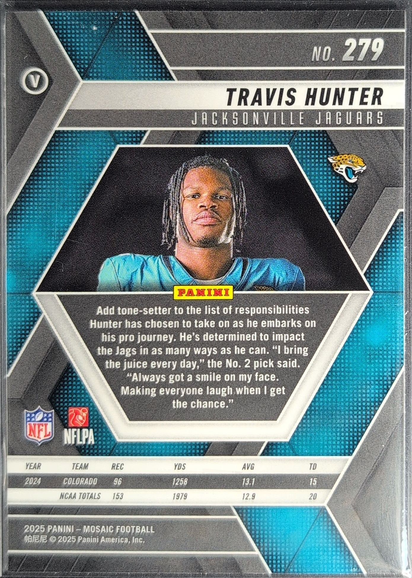Travis Hunter 2025 Panini Mosaic #279 Purple Scope Rookie RC Jacksonville Jaguars - back image
