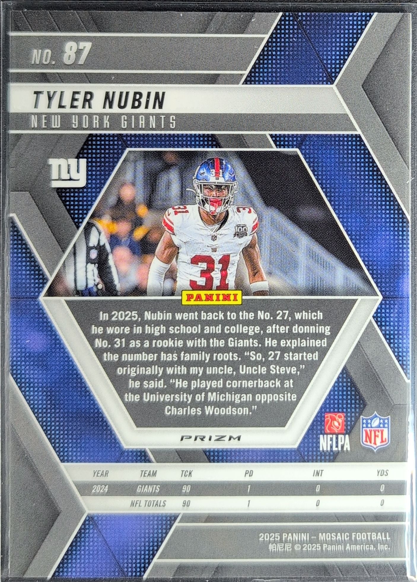 2025 Panini Mosaic Tyler Nubin #87 Mosaic Reactive Yellow New York Giants back