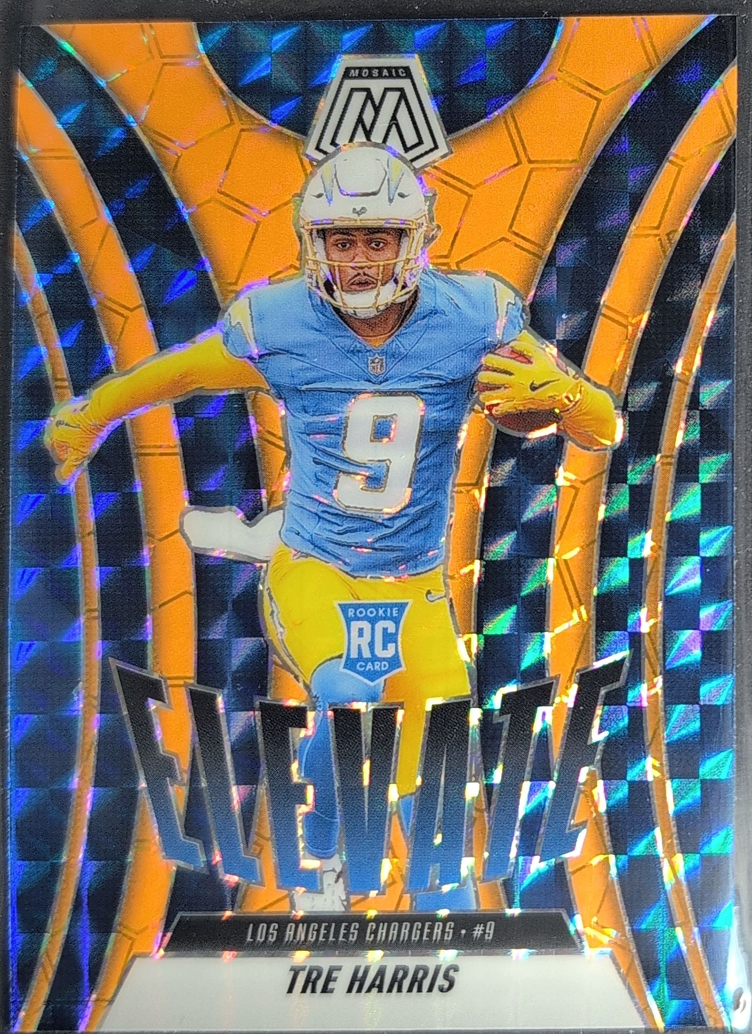 2025 Panini Mosaic Tre Harris #10 Elevate Mosaic Orange Fluorescent Los Angeles Chargers front