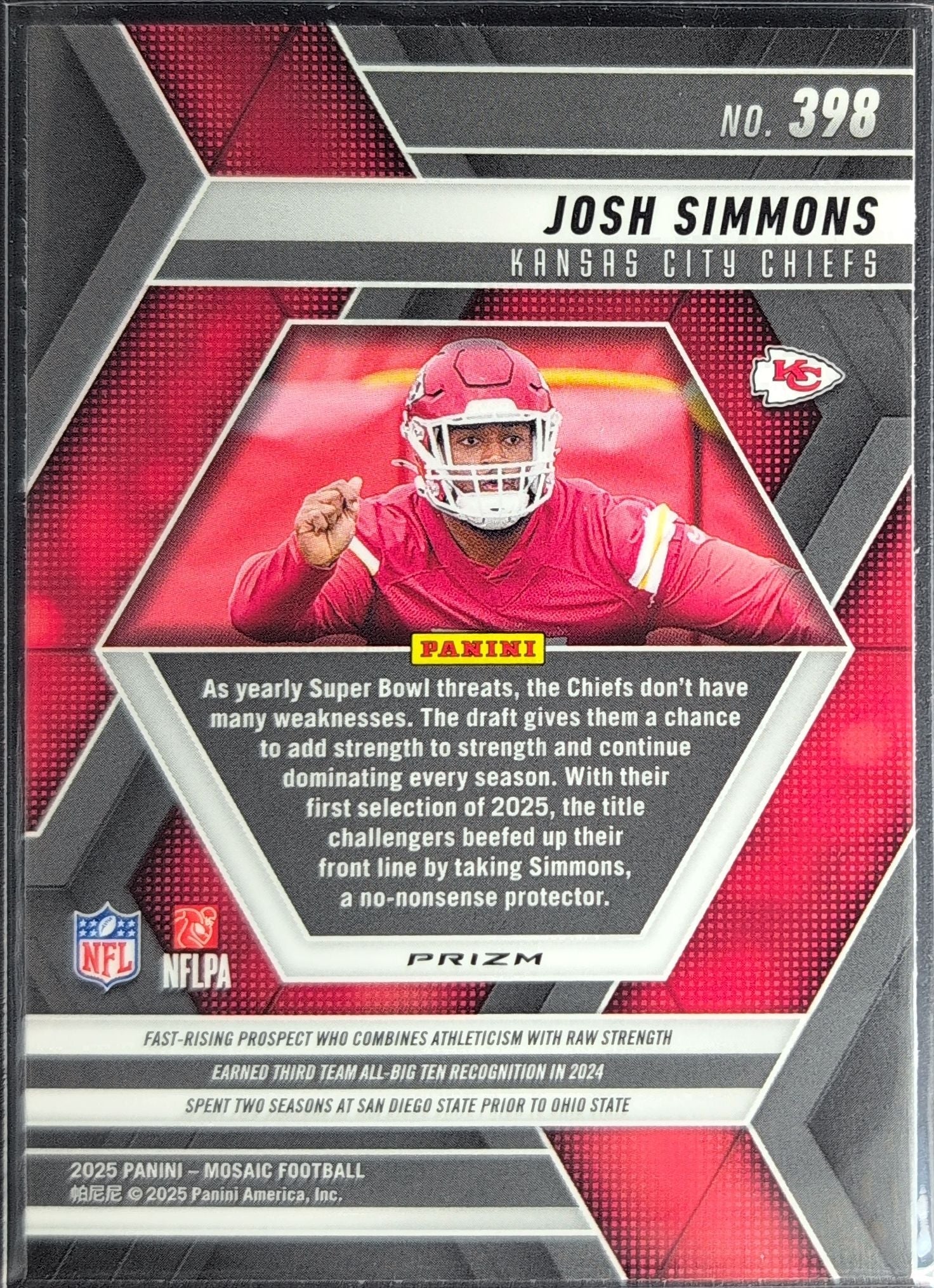 2025 Panini Mosaic Josh Simmons #398 Mosaic Reactive Yellow RC Kansas City Chiefs back