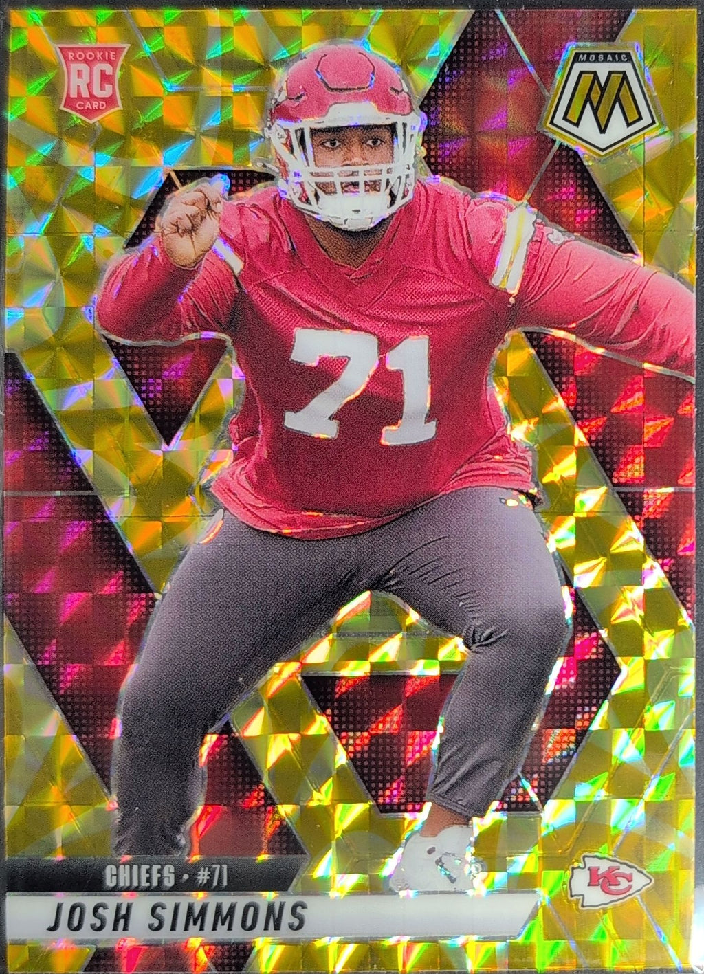 2025 Panini Mosaic Josh Simmons #398 Mosaic Reactive Yellow RC Kansas City Chiefs front