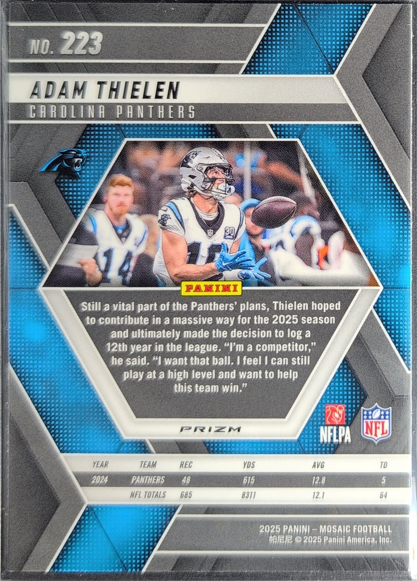 Adam Thielen 2025 Panini Mosaic #223 Mosaic Reactive Yellow Carolina Panthers - back image