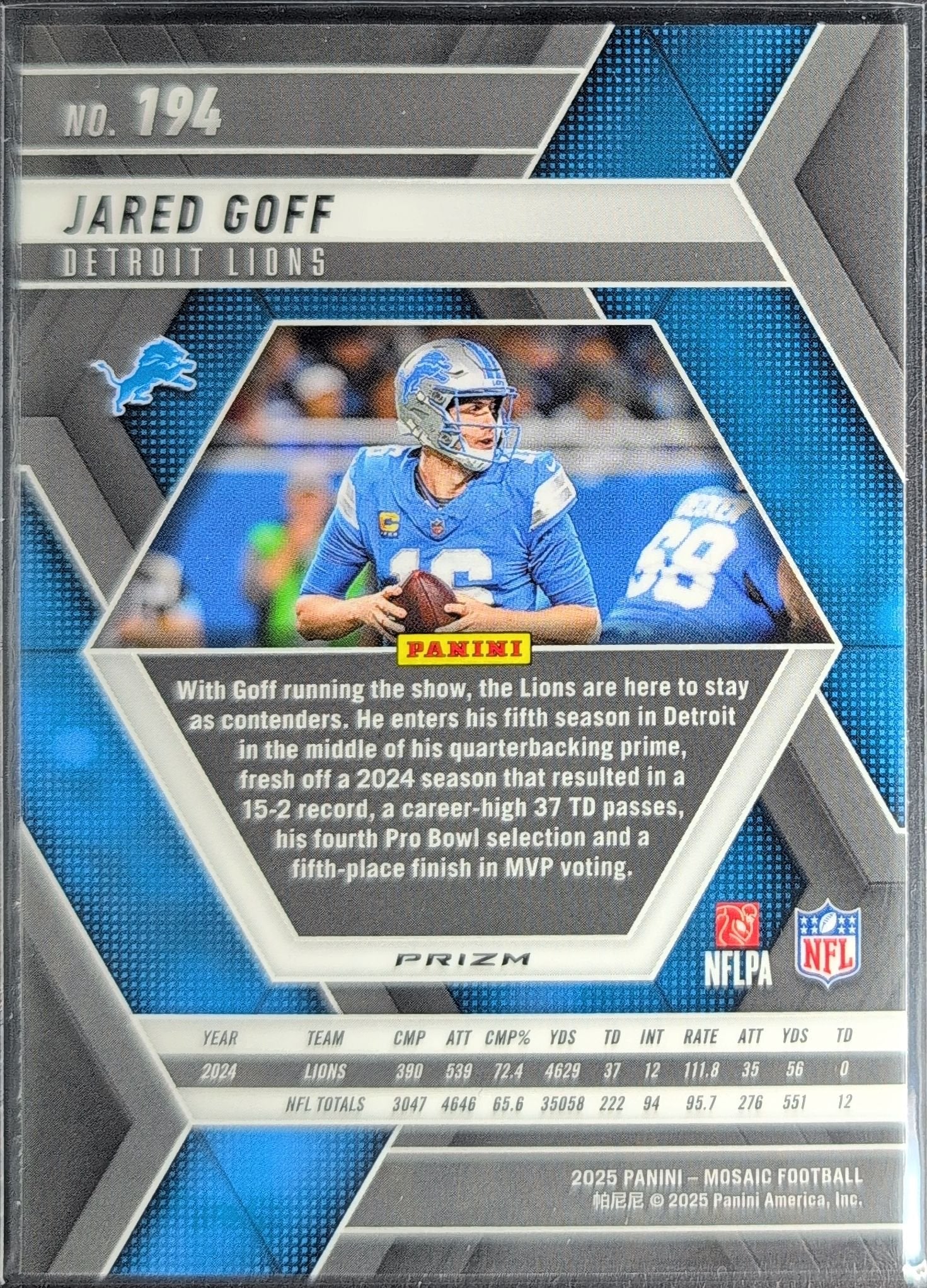 Jared Goff 2025 Panini Mosaic #194 Mosaic Reactive Yellow Detroit Lions - back image