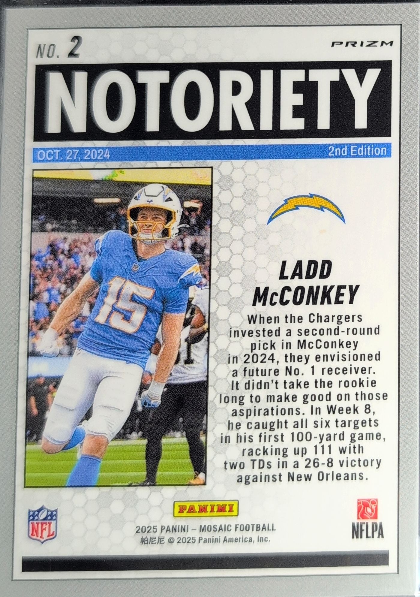 2025 Panini Mosaic Ladd McConkey #2 Notoriety Mosaic Green Los Angeles Chargers back