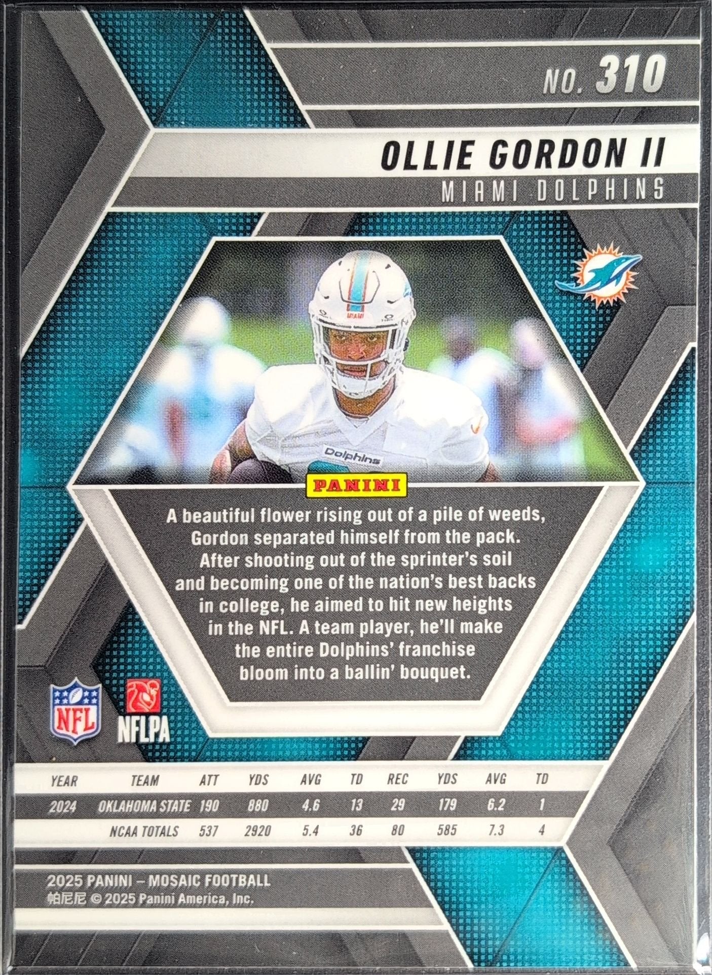 Ollie Gordon II 2025 Panini Mosaic #310 Rookie RC Miami Dolphins - back image